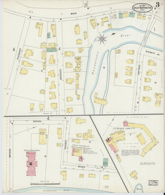 Sanborn Fire Insurance Map from Great Barrington, Berkshire County, Massachusetts (1898), Sheet #0003 - Historic Sanborn Fire Insurance Map Print, vintage old map wall art, antique decor, genealogy gift, Massachusetts Massachusetts map