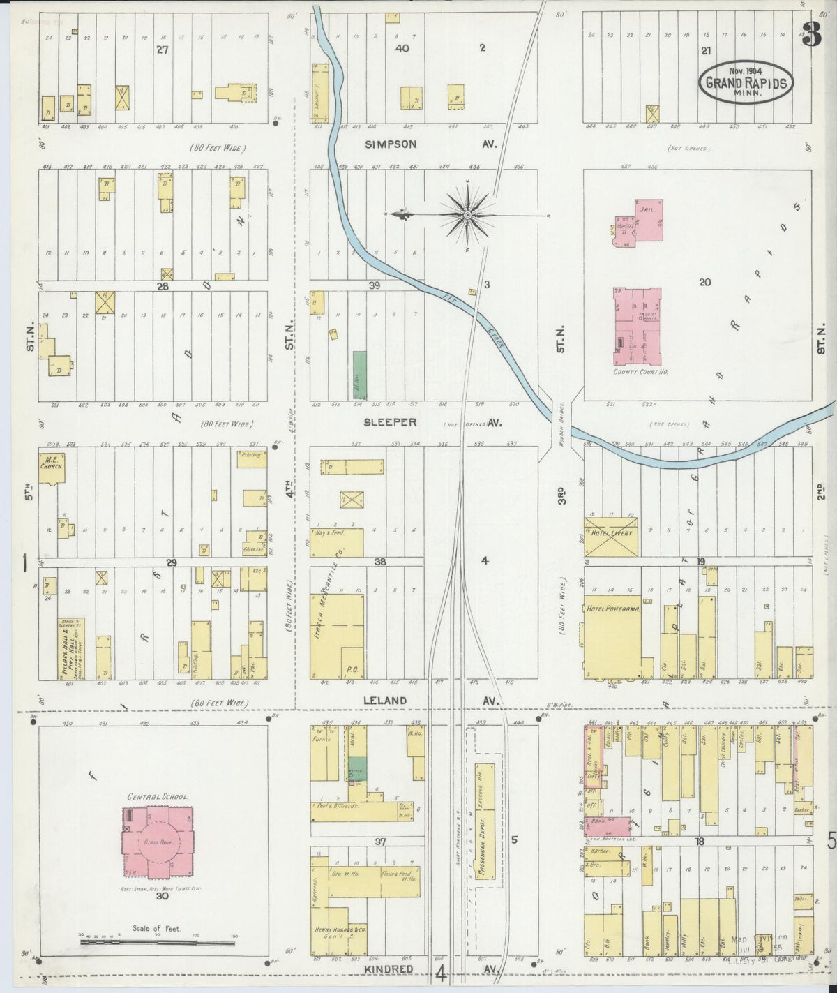 Sanborn Fire Insurance Map from Grand Rapids, Itasca County, Minnesota (1904), Sheet #0003 - Historic Sanborn Fire Insurance Map Print, vintage old map wall art, antique decor, genealogy gift, Minnesota Minnesota map