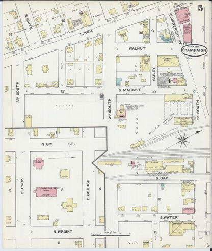 Sanborn Fire Insurance Map from Champaign, Champaign County, Illinois (1892), Sheet #0005 - Complete Map Set gallery image, historic Sanborn map, vintage wall art, Illinois Illinois