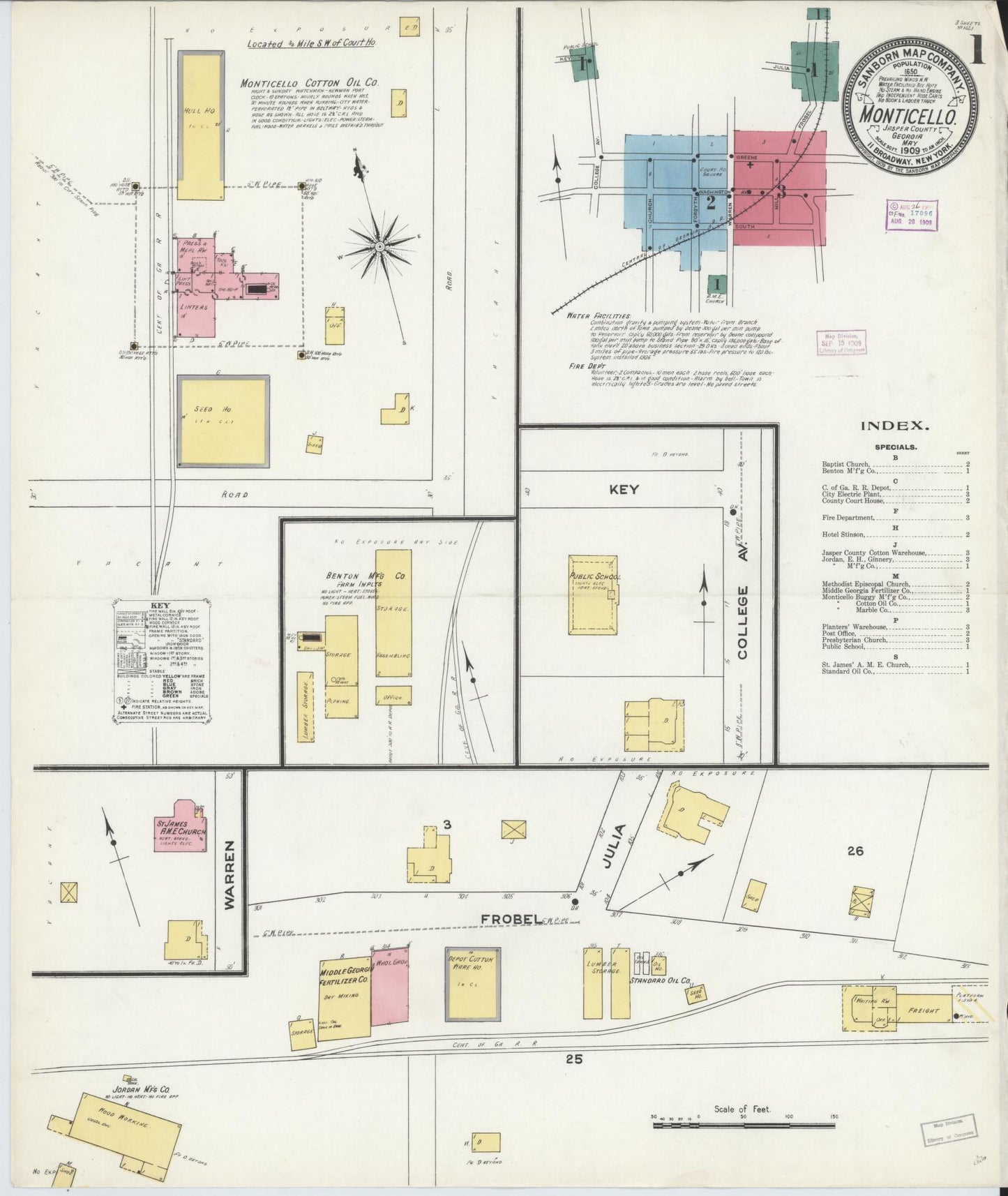 Sanborn Fire Insurance Map from Monticello, Jasper County, Georgia (1909), Sheet #0001 - Complete Map Set gallery image, historic Sanborn map, vintage wall art, Georgia Georgia
