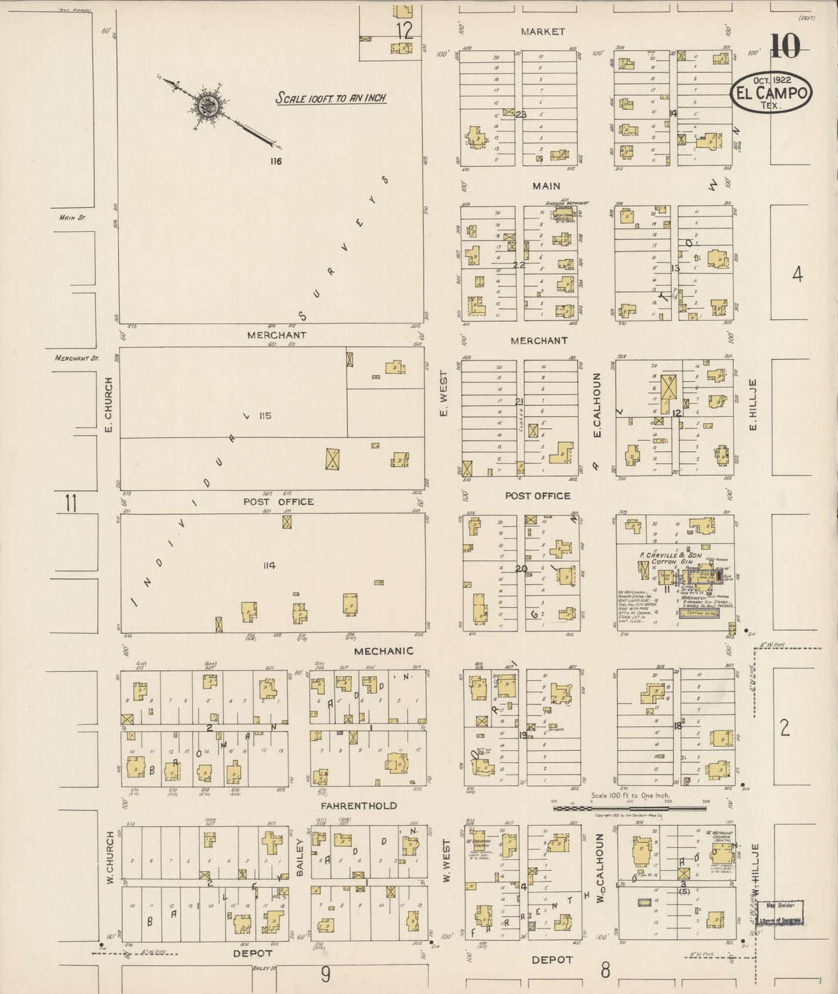 Sanborn Fire Insurance Map from El Campo, Wharton County, Texas (1922), Sheet #0010 - Complete Map Set gallery image, historic Sanborn map, vintage wall art, Texas Texas