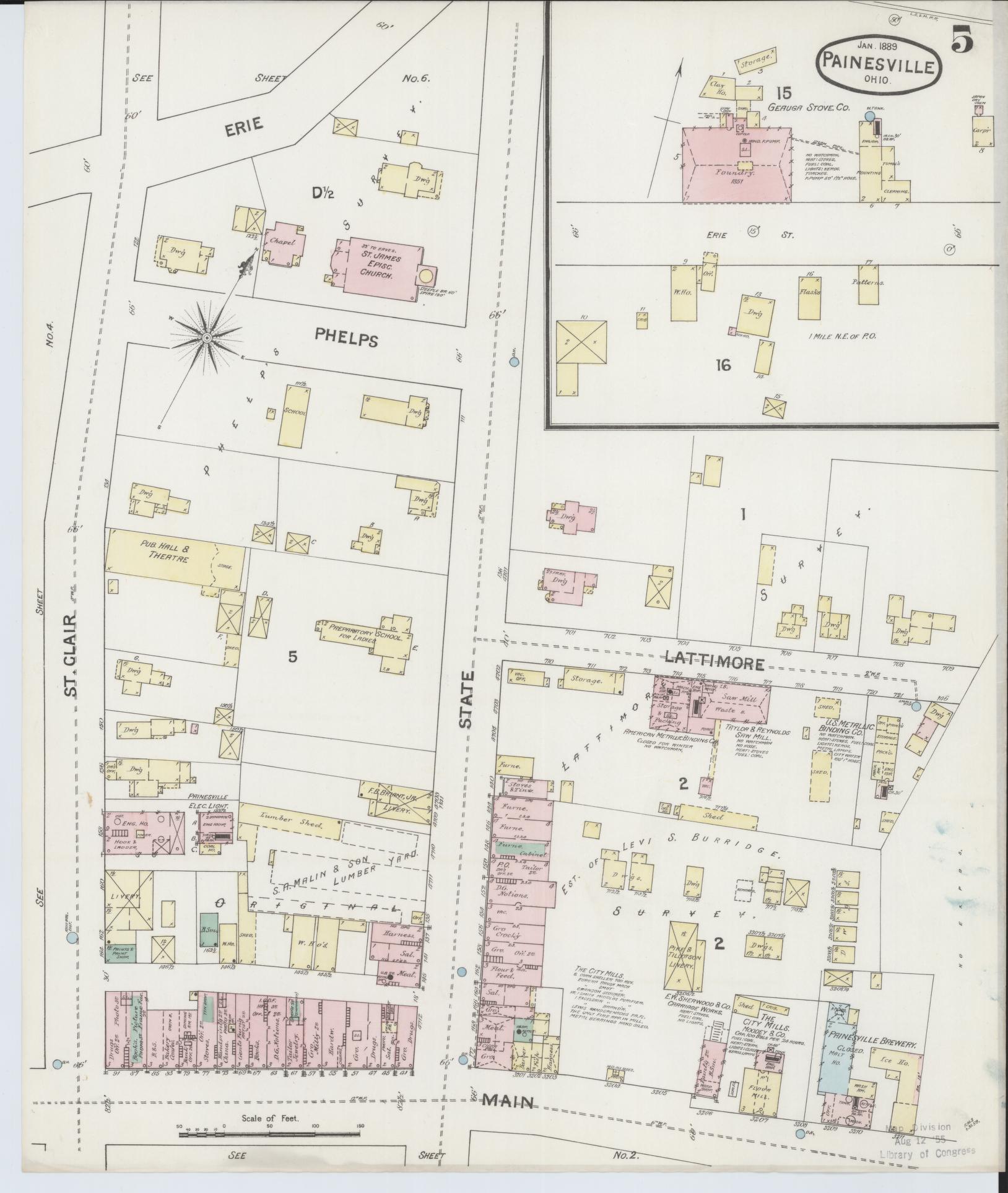 Sanborn Fire Insurance Map from Painesville, Lake County, Ohio (1889), Sheet #0005 - Complete Map Set gallery image, historic Sanborn map, vintage wall art, Ohio Ohio