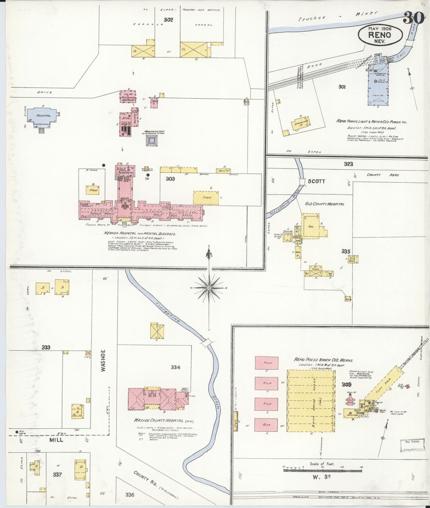 Sanborn Fire Insurance Map from Reno, Washoe County, Nevada (1906), Sheet #0030 - Historic Sanborn Fire Insurance Map Print, vintage old map wall art, antique decor, genealogy gift, Nevada Nevada map
