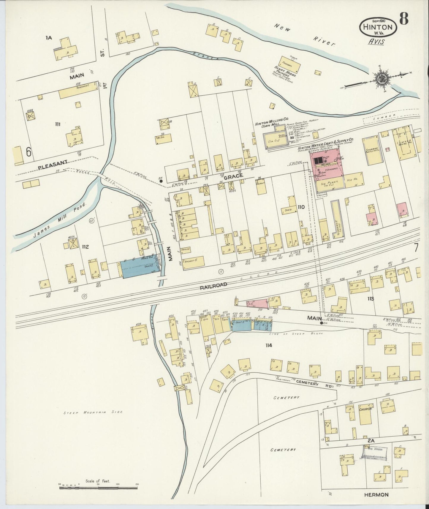Sanborn Fire Insurance Map from Hinton, Summer County, West Virginia (1910), Sheet #0008 - Historic Sanborn Fire Insurance Map Print, vintage old map wall art, antique decor, genealogy gift, West Virginia West Virginia map