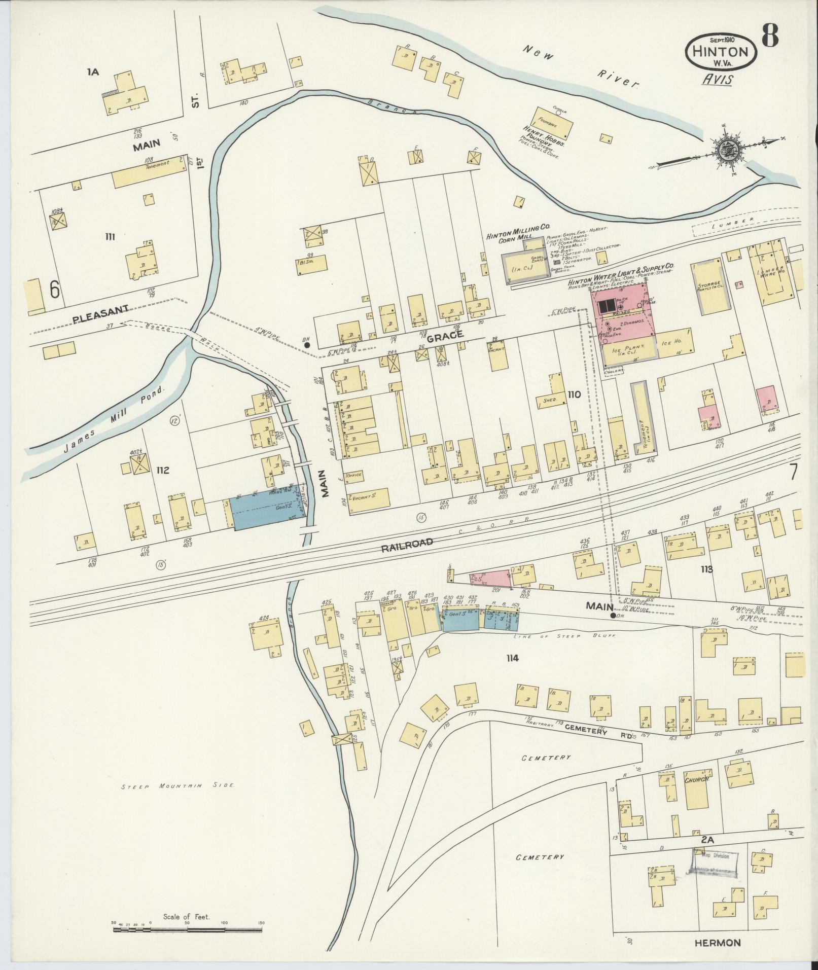 Sanborn Fire Insurance Map from Hinton, Summer County, West Virginia (1910), Sheet #0008 - Historic Sanborn Fire Insurance Map Print, vintage old map wall art, antique decor, genealogy gift, West Virginia West Virginia map
