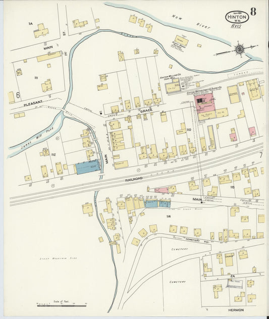 Sanborn Fire Insurance Map from Hinton, Summer County, West Virginia (1910), Sheet #0008 - Historic Sanborn Fire Insurance Map Print, vintage old map wall art, antique decor, genealogy gift, West Virginia West Virginia map