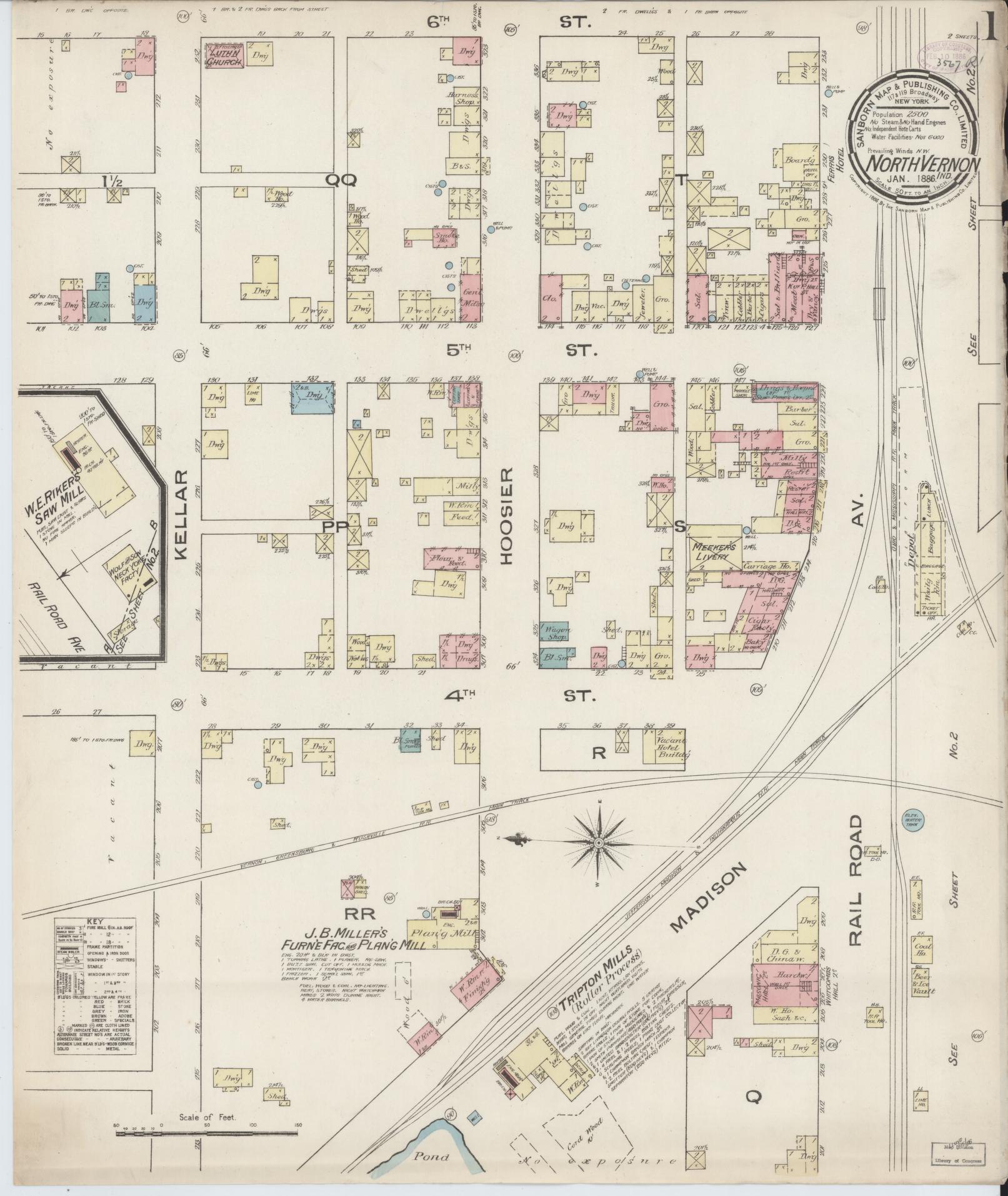 Sanborn Fire Insurance Map from North Vernon, Jennings County, Indiana (1886), Sheet #0001 - Complete Map Set gallery image, historic Sanborn map, vintage wall art, Indiana Indiana