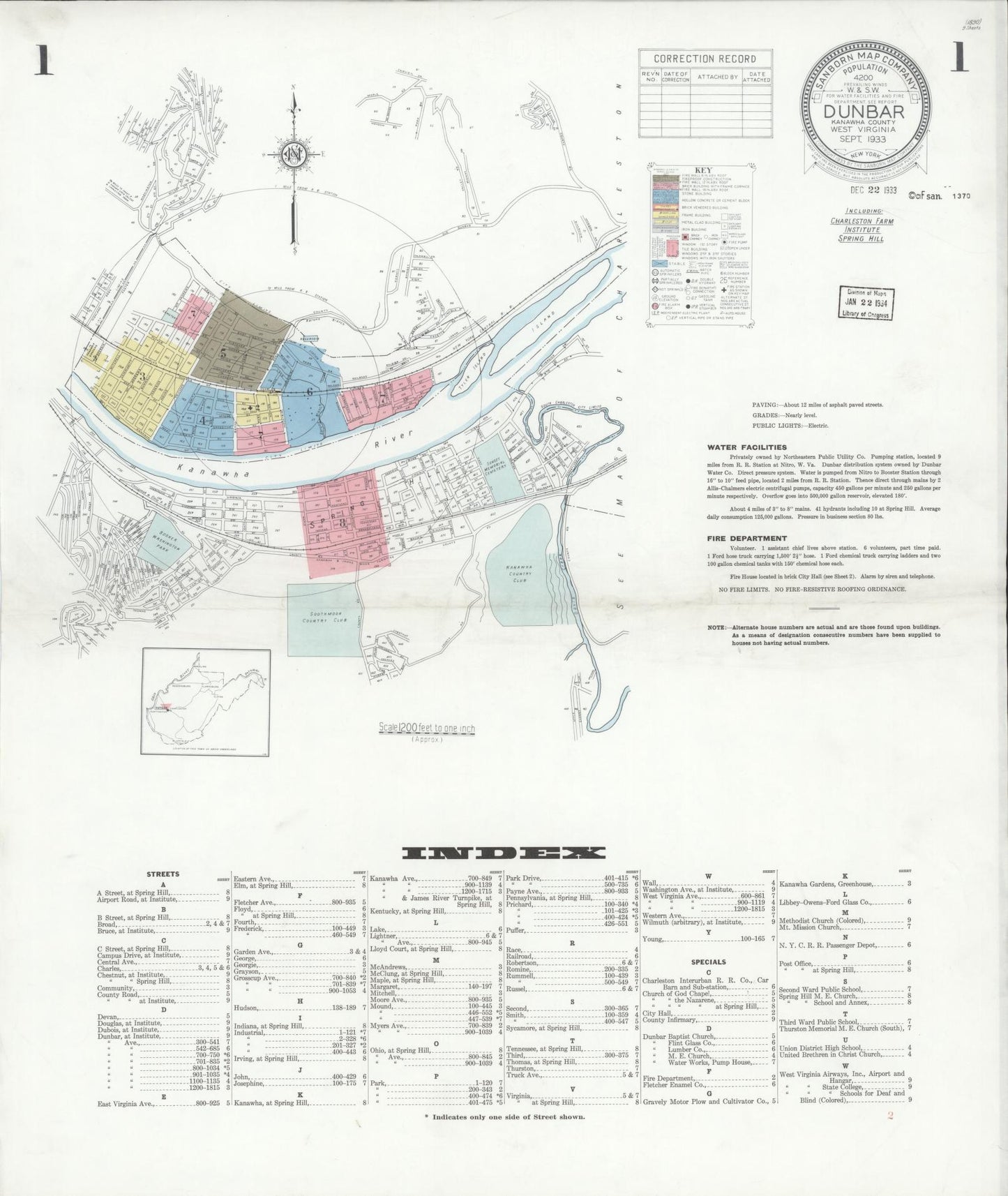 Sanborn Fire Insurance Map from Dunbar, Kanawha County, West Virginia (1933), Sheet #0001 - Historic Sanborn Fire Insurance Map Print, vintage old map wall art, antique decor, genealogy gift, West Virginia West Virginia map