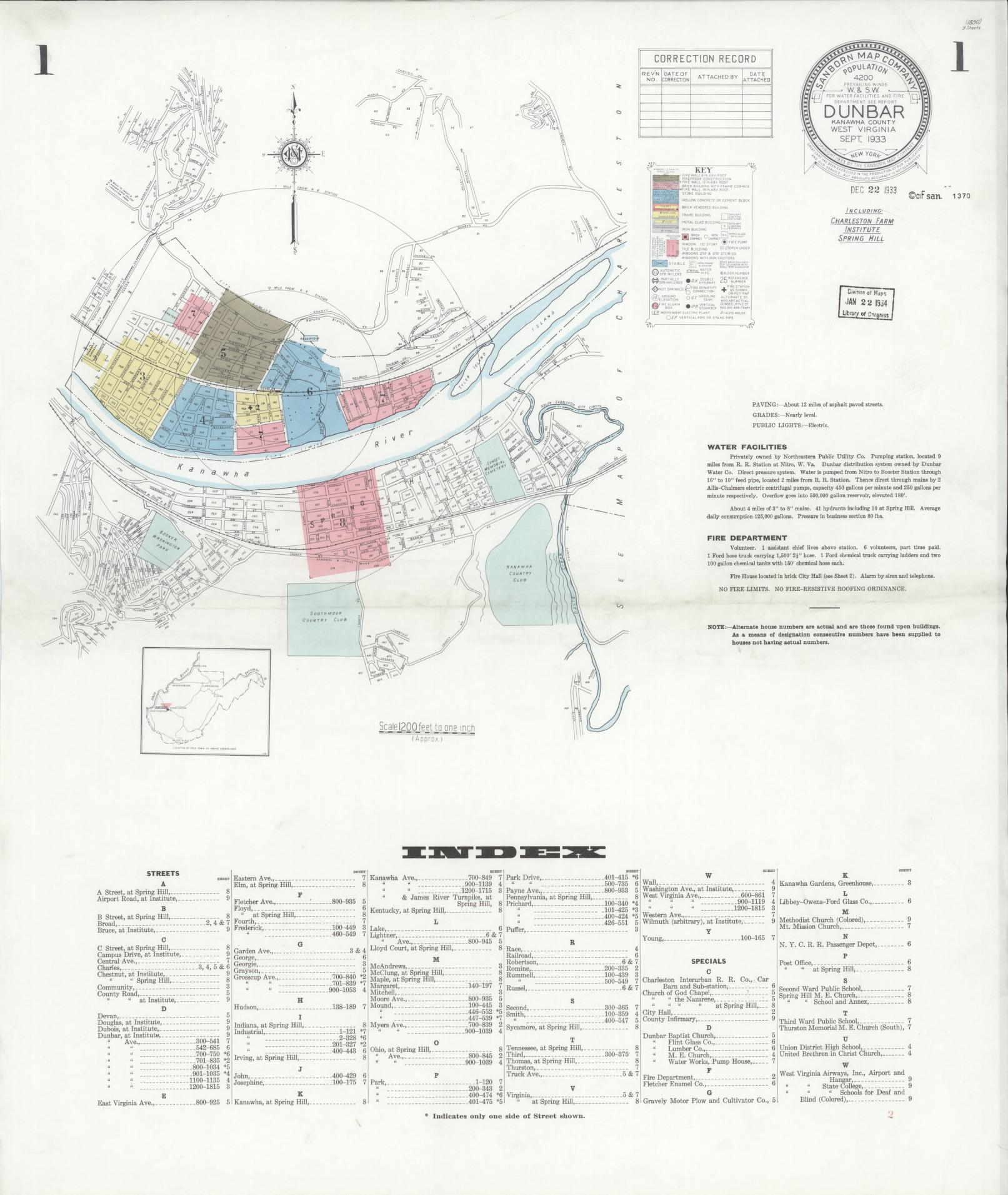 Sanborn Fire Insurance Map from Dunbar, Kanawha County, West Virginia (1933), Sheet #0001 - Historic Sanborn Fire Insurance Map Print, vintage old map wall art, antique decor, genealogy gift, West Virginia West Virginia map