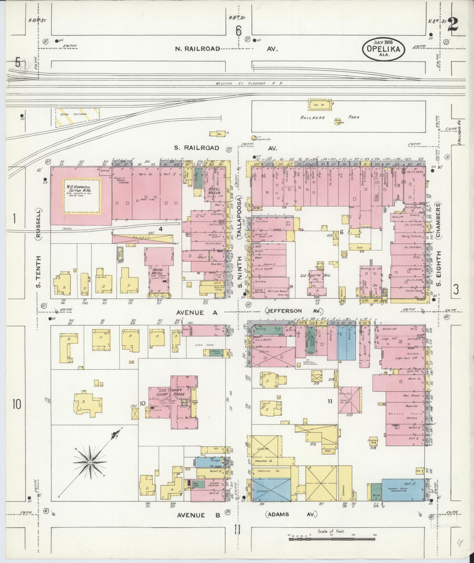 Sanborn Fire Insurance Map from Opelika, Lee County, Alabama (1909), Sheet #0002 - Complete Map Set gallery image, historic Sanborn map, vintage wall art, Alabama Alabama