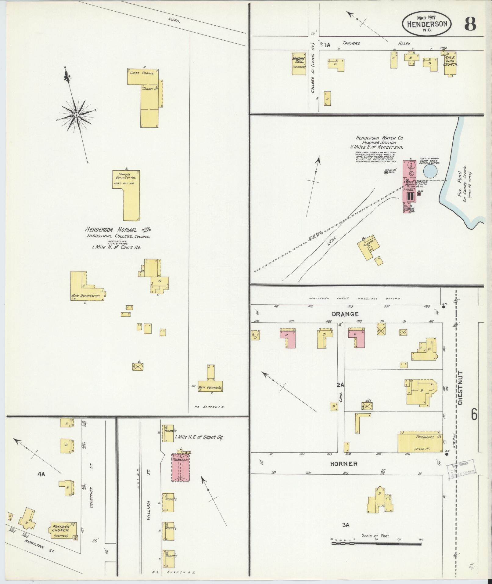 Sanborn Fire Insurance Map from Henderson, Vance County, North Carolina (1907), Sheet #0008 - Historic Sanborn Fire Insurance Map Print, vintage old map wall art, antique decor, genealogy gift, North Carolina North Carolina map