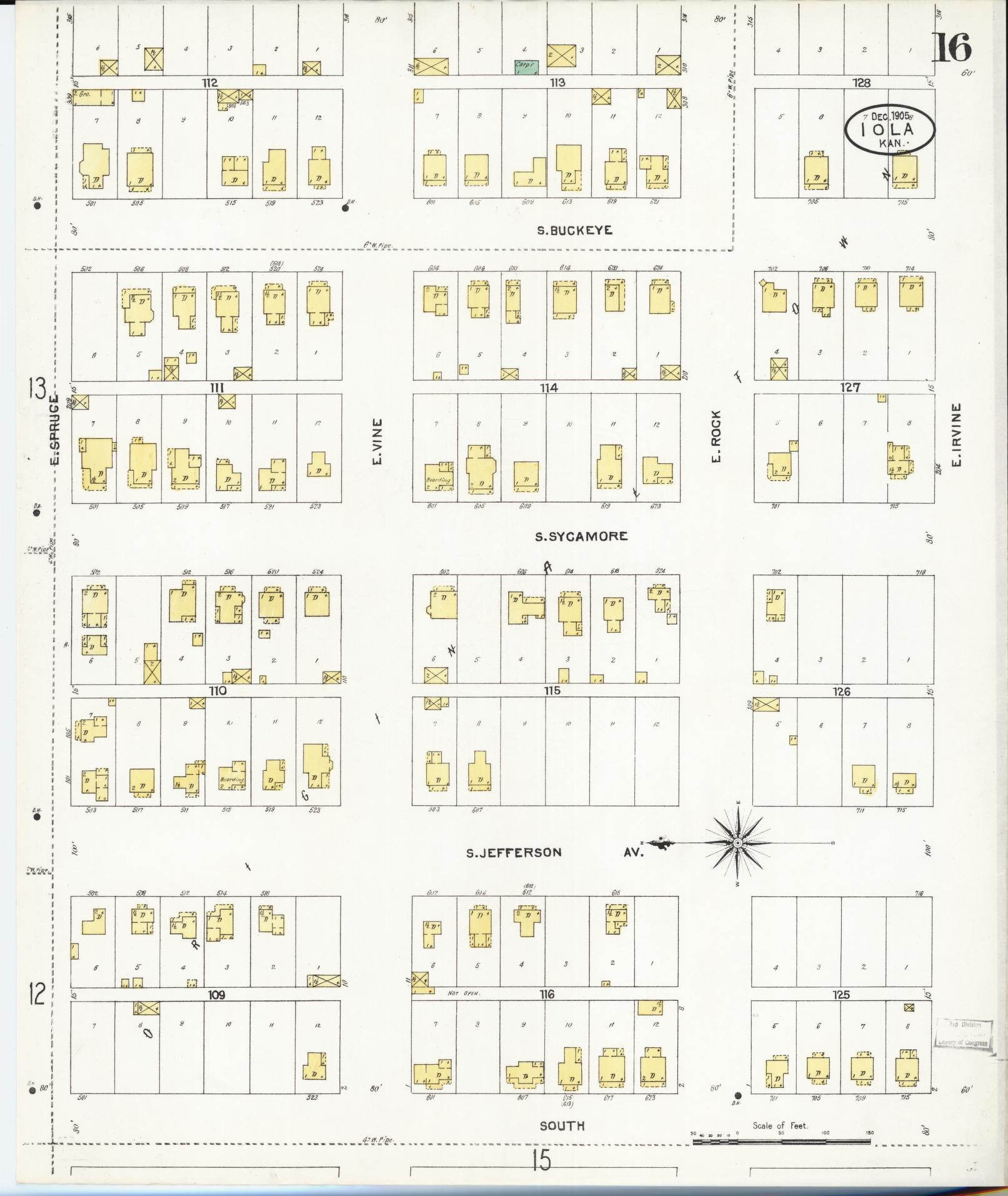 Sanborn Fire Insurance Map from Iola, Allen County, Kansas (1905), Sheet #0016 - Historic Sanborn Fire Insurance Map Print, vintage old map wall art, antique decor, genealogy gift, Kansas Kansas map