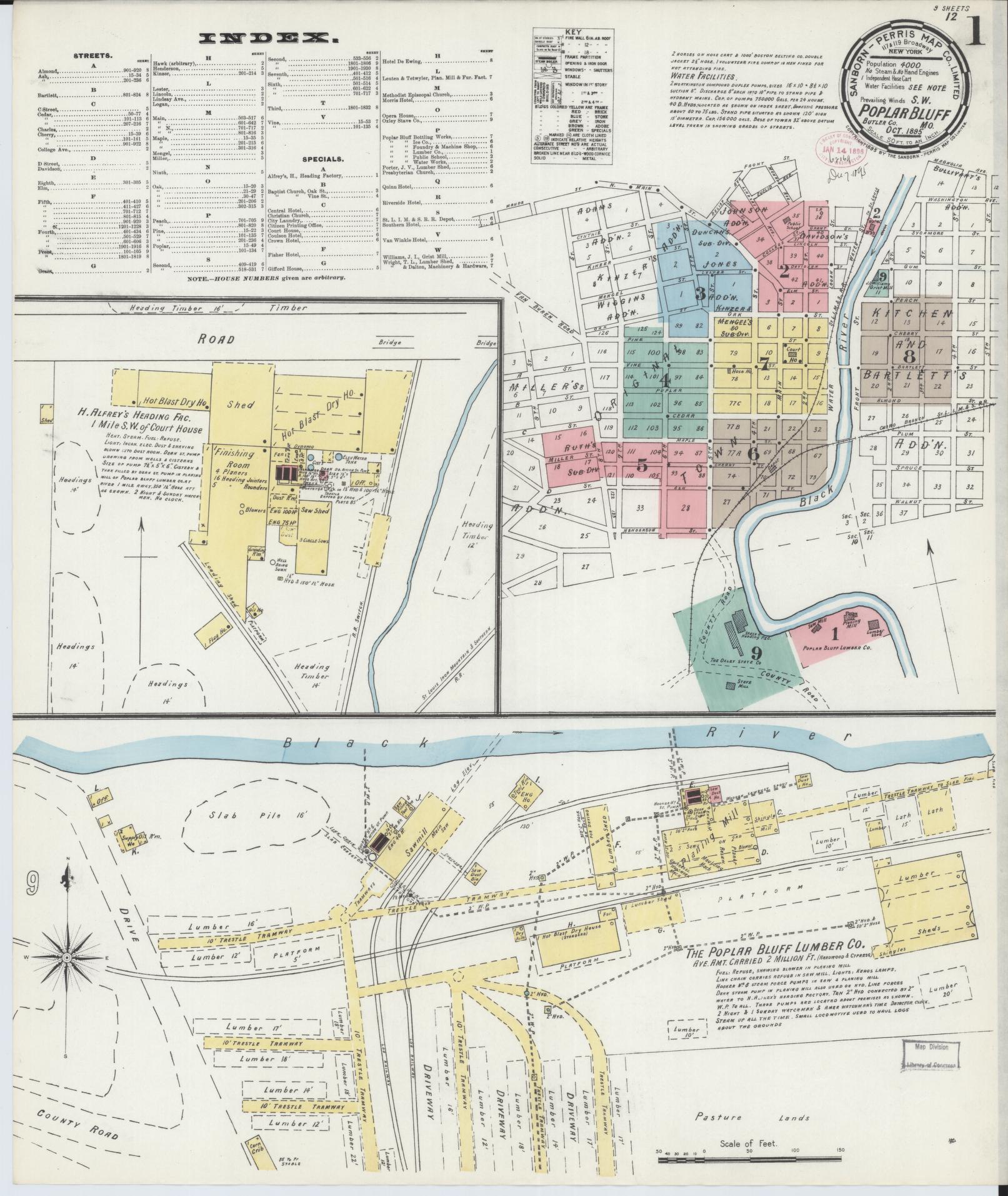 Sanborn Fire Insurance Map from Poplar Bluff, Butler County, Missouri (1895), Sheet #0001 - Historic Sanborn Fire Insurance Map Print, vintage old map wall art, antique decor, genealogy gift, Missouri Missouri map