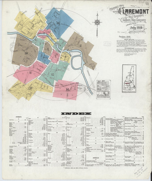 Sanborn Fire Insurance Map from Claremont, Sullivan County, New Hampshire (1918), Sheet #0001 - Historic Sanborn Fire Insurance Map Print, vintage old map wall art, antique decor, genealogy gift, New Hampshire New Hampshire map