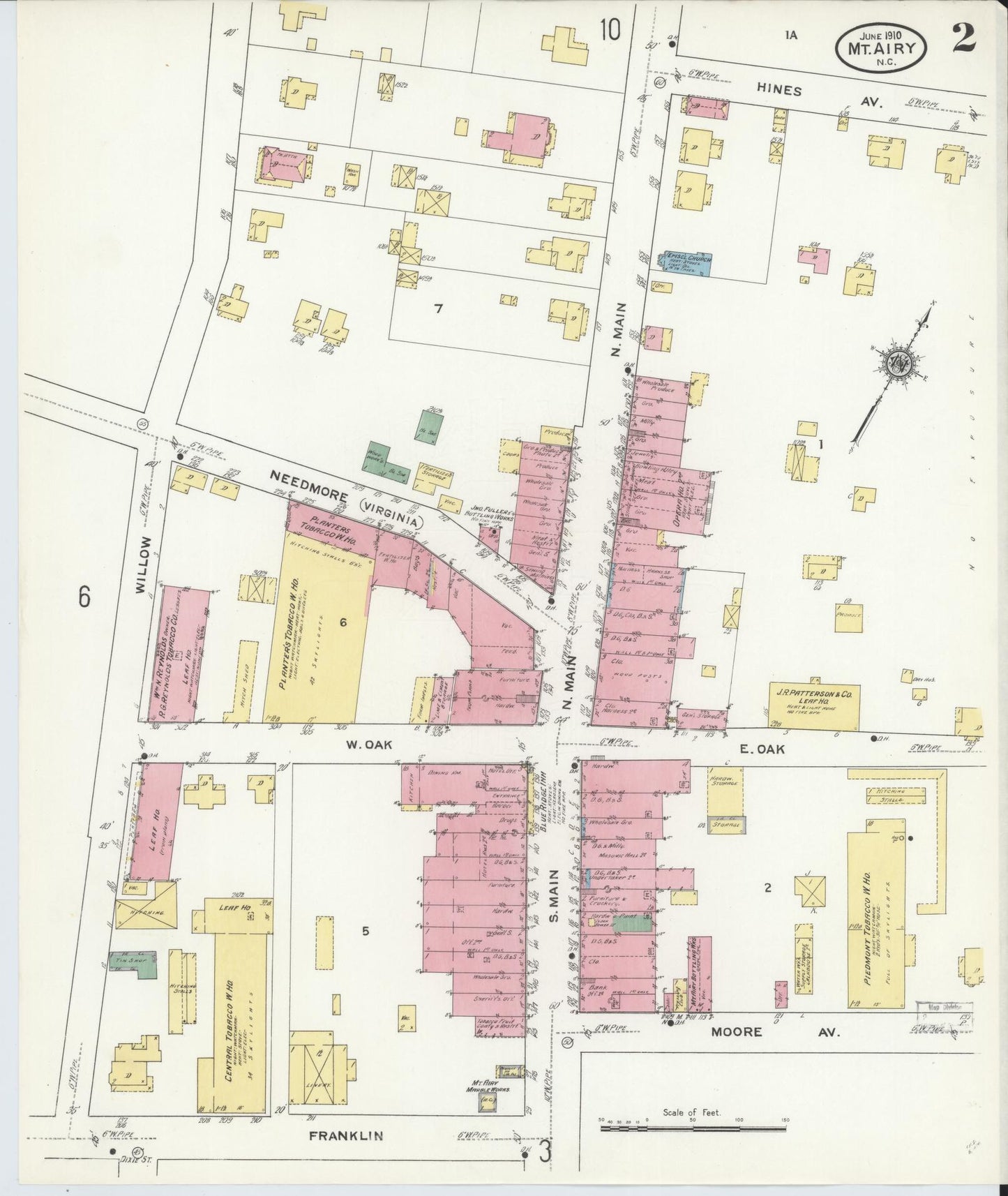 Sanborn Fire Insurance Map from Mount Airy, Surry County, North Carolina (1910), Sheet #0002 - Historic Sanborn Fire Insurance Map Print, vintage old map wall art, antique decor, genealogy gift, North Carolina North Carolina map