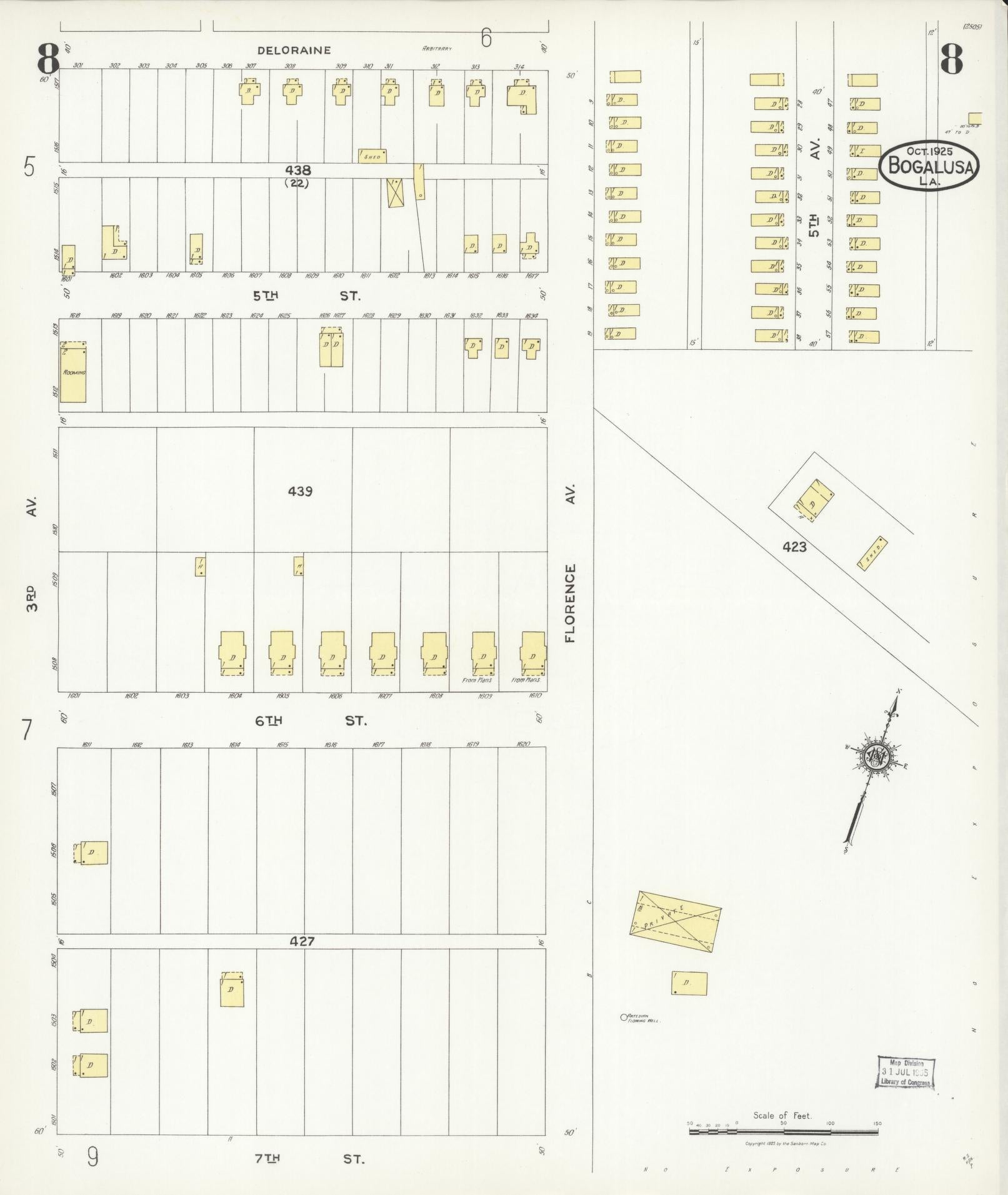 Sanborn Fire Insurance Map from Bogalusa, Washington Parish, Louisiana (1925), Sheet #0008 - Historic Sanborn Fire Insurance Map Print, vintage old map wall art, antique decor, genealogy gift, Louisiana Louisiana map