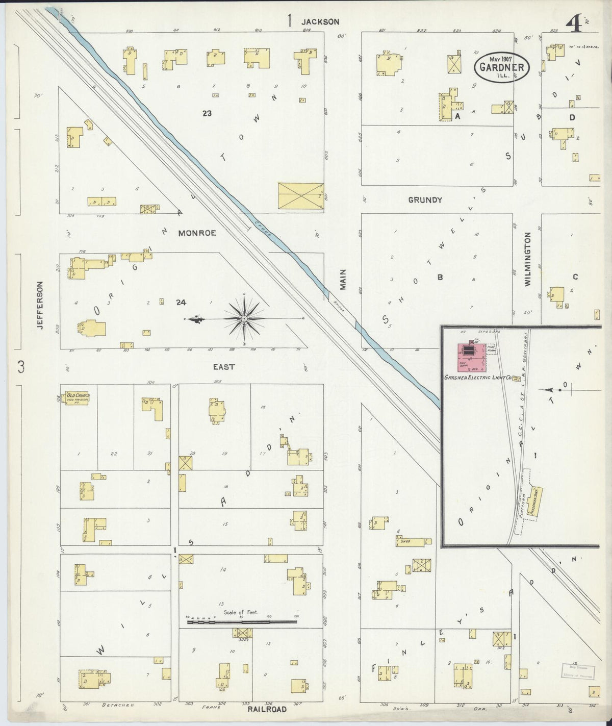 Sanborn Fire Insurance Map from Gardner, Grundy County, Illinois (1907), Sheet #0004 - Historic Sanborn Fire Insurance Map Print, vintage old map wall art, antique decor, genealogy gift, Illinois Illinois map
