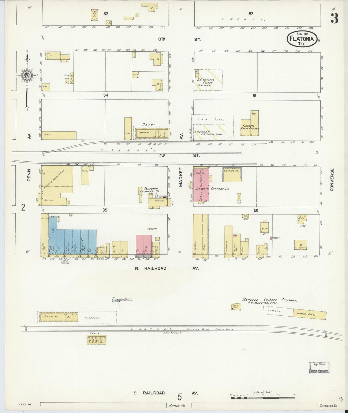 Sanborn Fire Insurance Map from Flatonia, Fayette County, Texas (1912), Sheet #0003 - Complete Map Set gallery image, historic Sanborn map, vintage wall art, Texas Texas