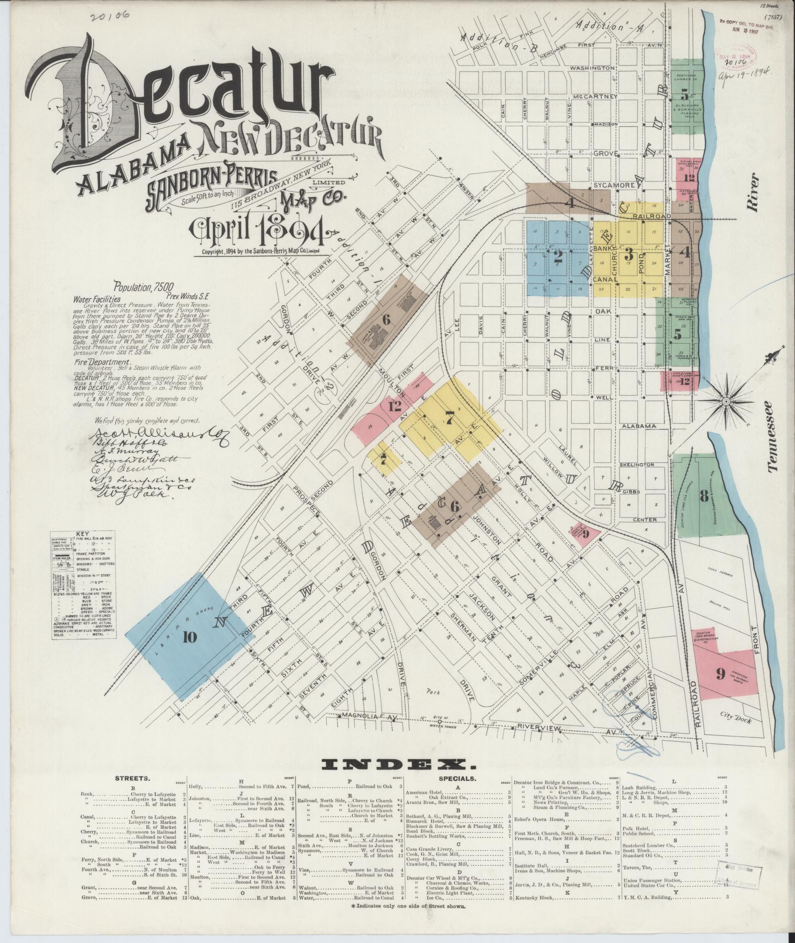Sanborn Fire Insurance Map from Decatur, Morgan County, Alabama (1894), Sheet #0001 - Historic Sanborn Fire Insurance Map Print, vintage old map wall art, antique decor, genealogy gift, Alabama Alabama map