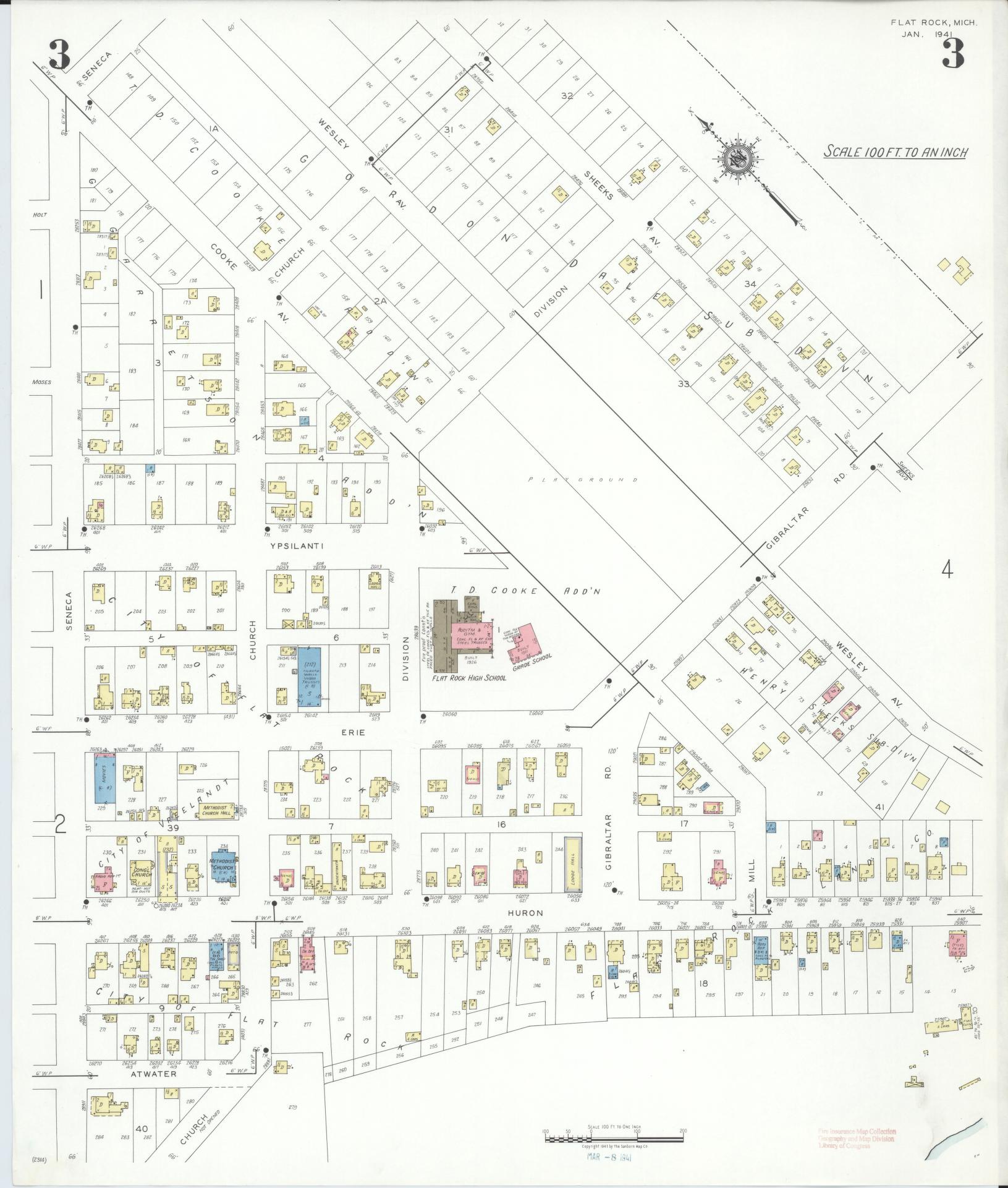 Sanborn Fire Insurance Map from Flat Rock, Wayne County, Michigan (1941), Sheet #0003 - Historic Sanborn Fire Insurance Map Print, vintage old map wall art, antique decor, genealogy gift, Michigan Michigan map