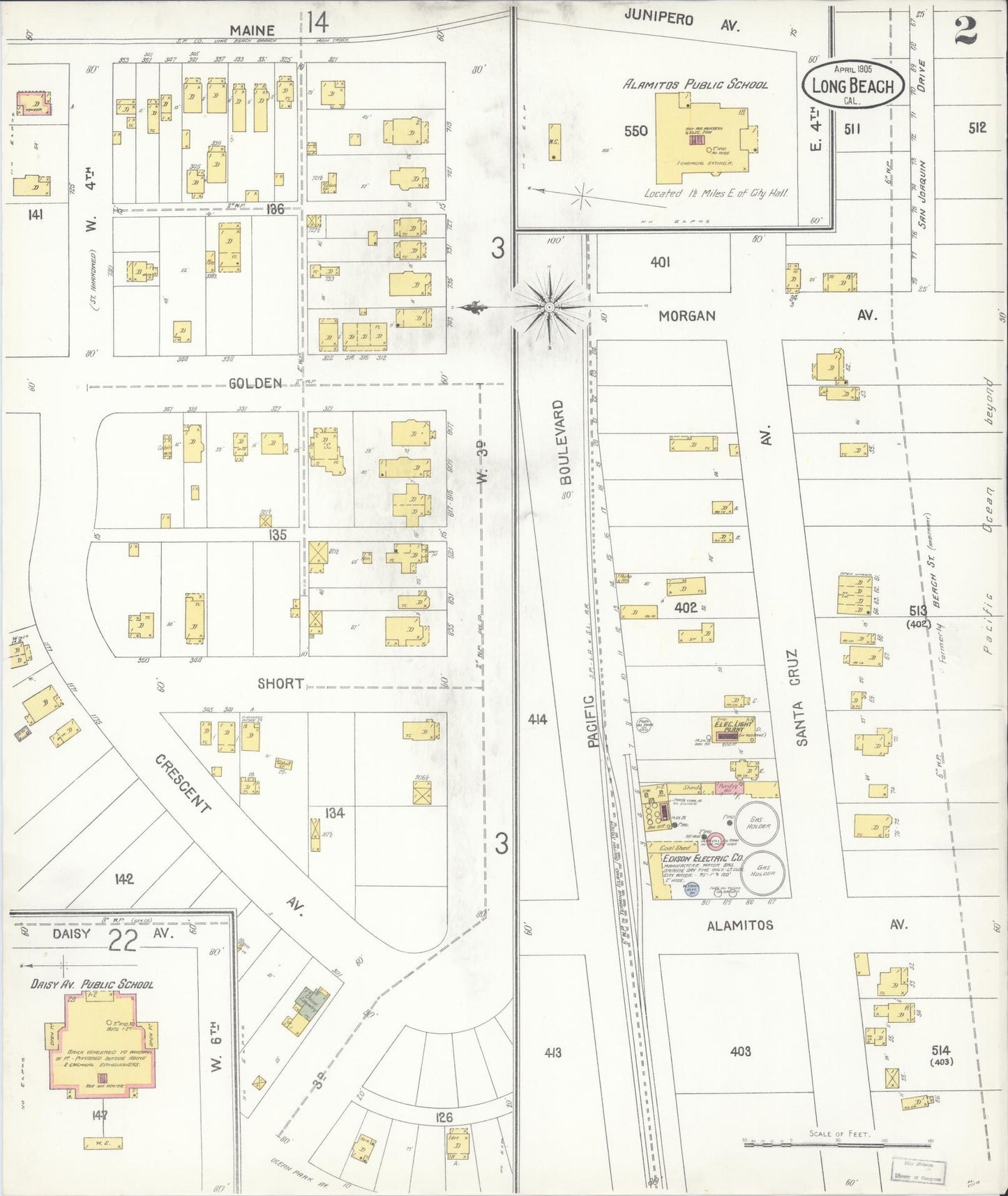 Sanborn Fire Insurance Map from Long Beach, Los Angeles County, California (1905), Sheet #0002 - Complete Map Set gallery image, historic Sanborn map, vintage wall art, California California