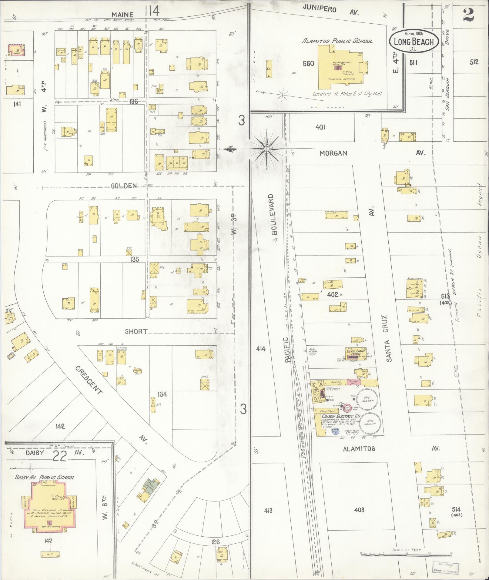 Sanborn Fire Insurance Map from Long Beach, Los Angeles County, California (1905), Sheet #0002 - Complete Map Set gallery image, historic Sanborn map, vintage wall art, California California