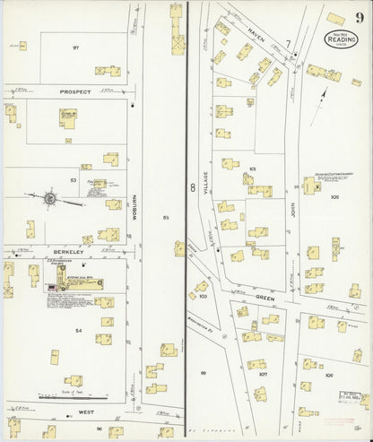 Sanborn Fire Insurance Map from Reading, Middlesex County, Massachusetts (1909), Sheet #0009 - Historic Sanborn Fire Insurance Map Print, vintage old map wall art, antique decor, genealogy gift, Massachusetts Massachusetts map