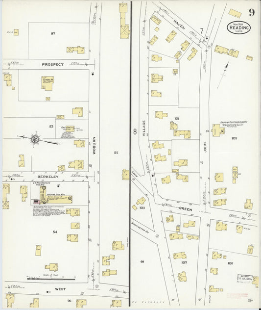 Sanborn Fire Insurance Map from Reading, Middlesex County, Massachusetts (1909), Sheet #0009 - Historic Sanborn Fire Insurance Map Print, vintage old map wall art, antique decor, genealogy gift, Massachusetts Massachusetts map