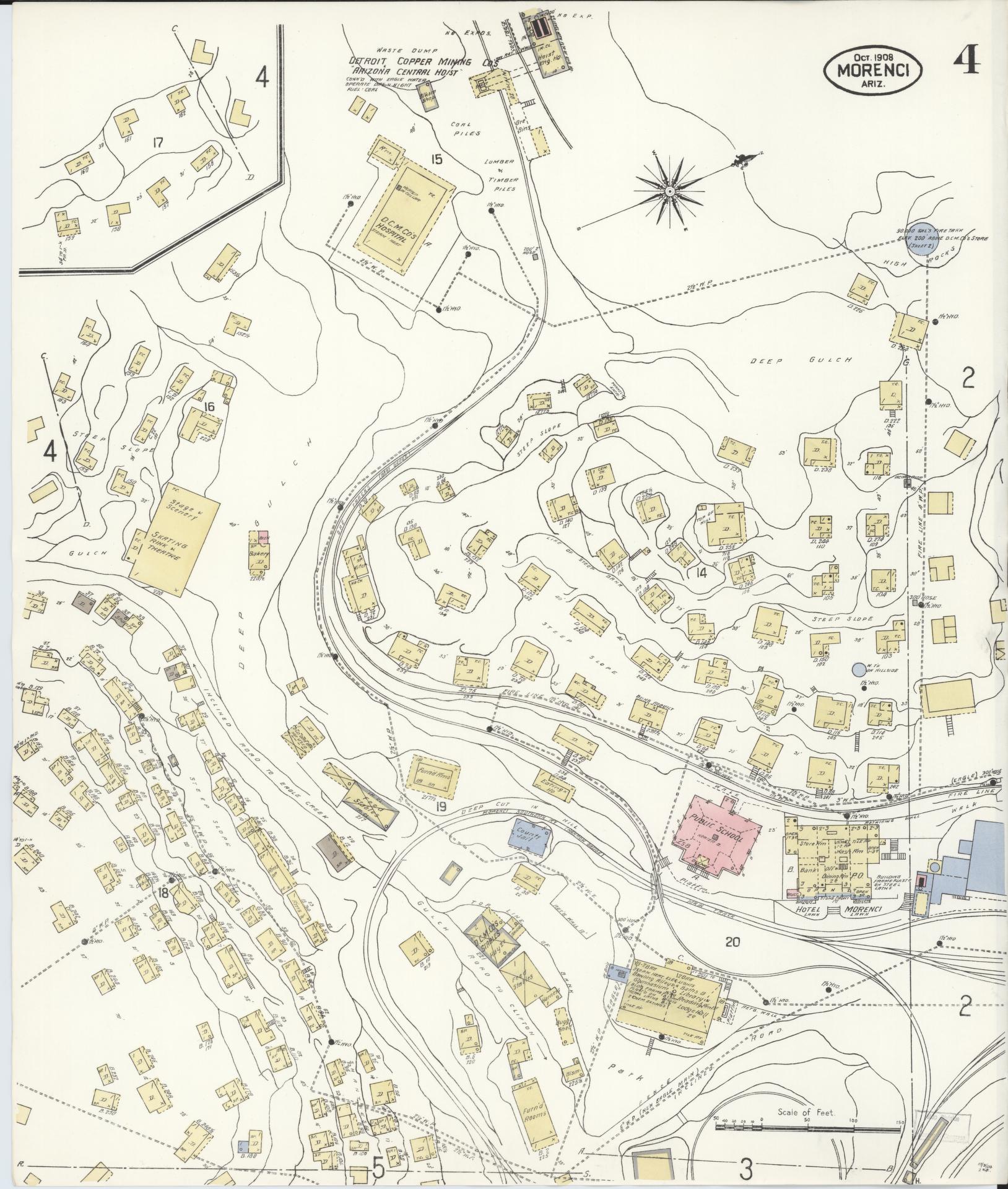 Sanborn Fire Insurance Map from Morenci, Greenlee County, Arizona (1908), Sheet #0004 - Complete Map Set gallery image, historic Sanborn map, vintage wall art, Arizona Arizona