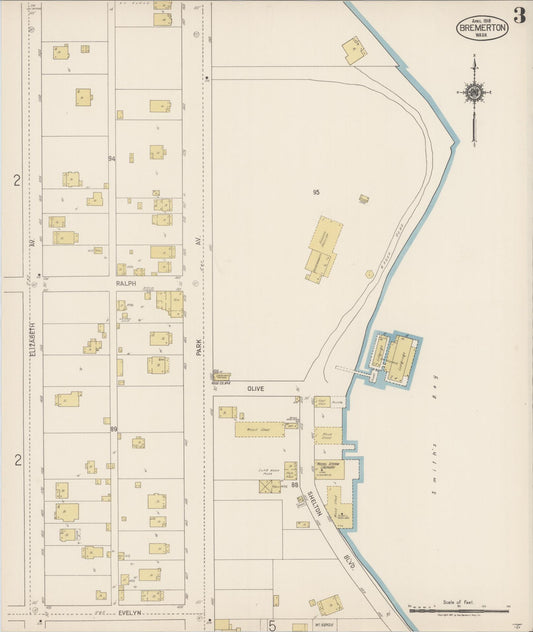 Sanborn Fire Insurance Map from Bremerton, Kitsap County, Washington (1918), Sheet #0003 - Historic Sanborn Fire Insurance Map Print, vintage old map wall art, antique decor, genealogy gift, Washington Washington map