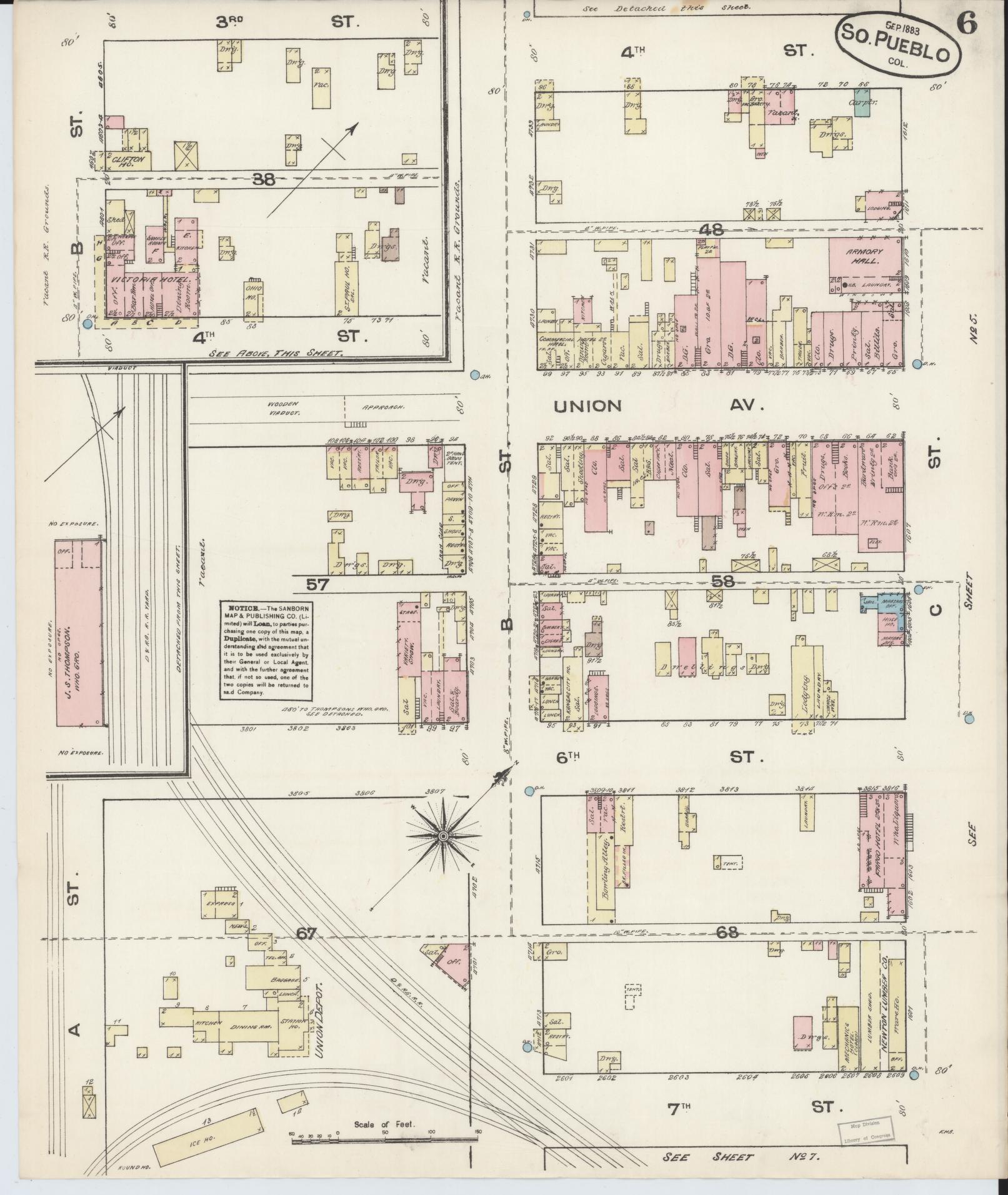 Sanborn Fire Insurance Map from Pueblo, Pueblo County, Colorado (1883), Sheet #0006 - Historic Sanborn Fire Insurance Map Print, vintage old map wall art, antique decor, genealogy gift, Colorado Colorado map