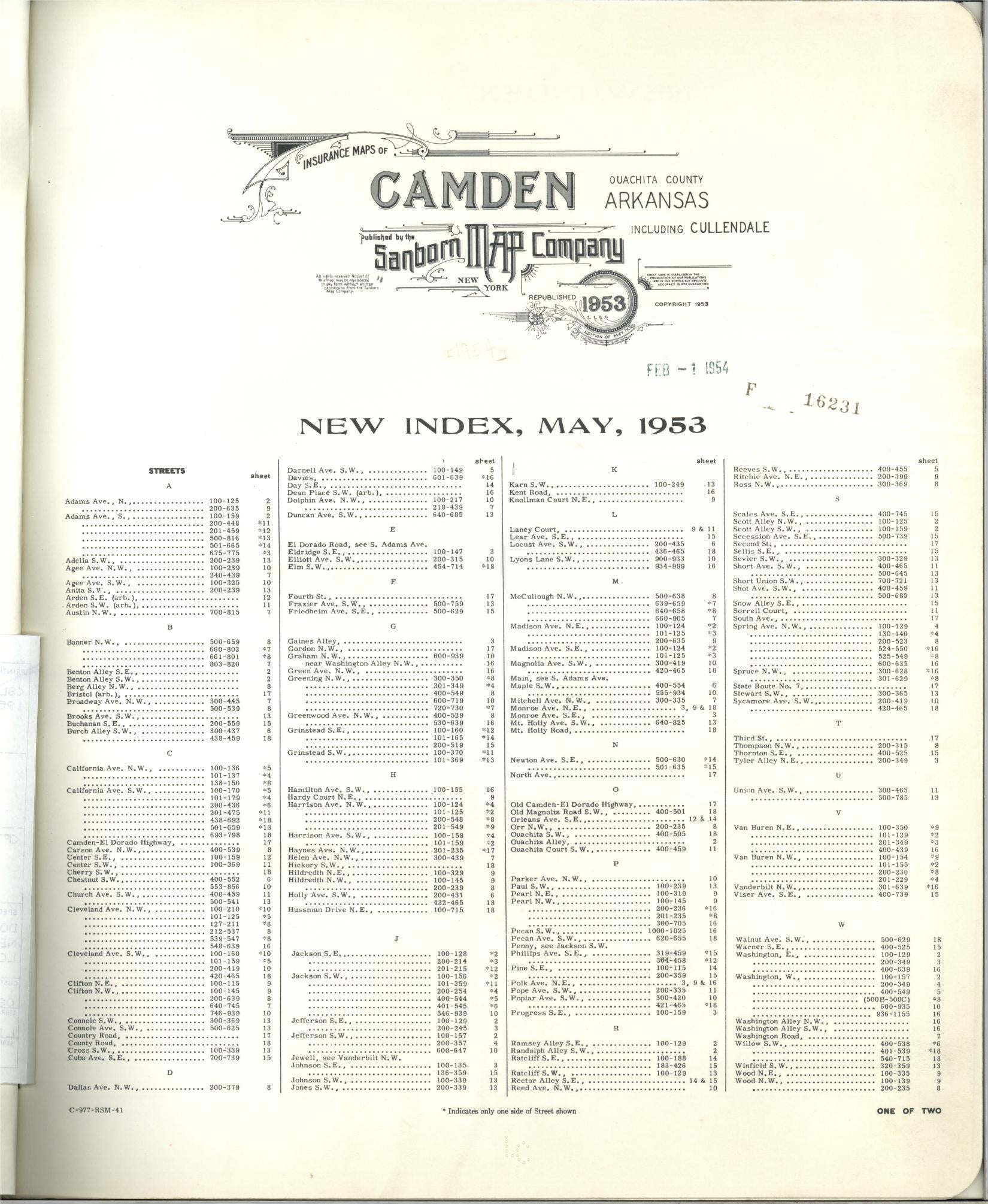 Sanborn Fire Insurance Map from Camden, Ouachita County, Arkansas (1953), Sheet #0001 - Historic Sanborn Fire Insurance Map Print, vintage old map wall art, antique decor, genealogy gift, Arkansas Arkansas map