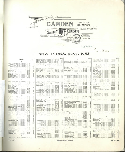Sanborn Fire Insurance Map from Camden, Ouachita County, Arkansas (1953), Sheet #0001 - Historic Sanborn Fire Insurance Map Print, vintage old map wall art, antique decor, genealogy gift, Arkansas Arkansas map