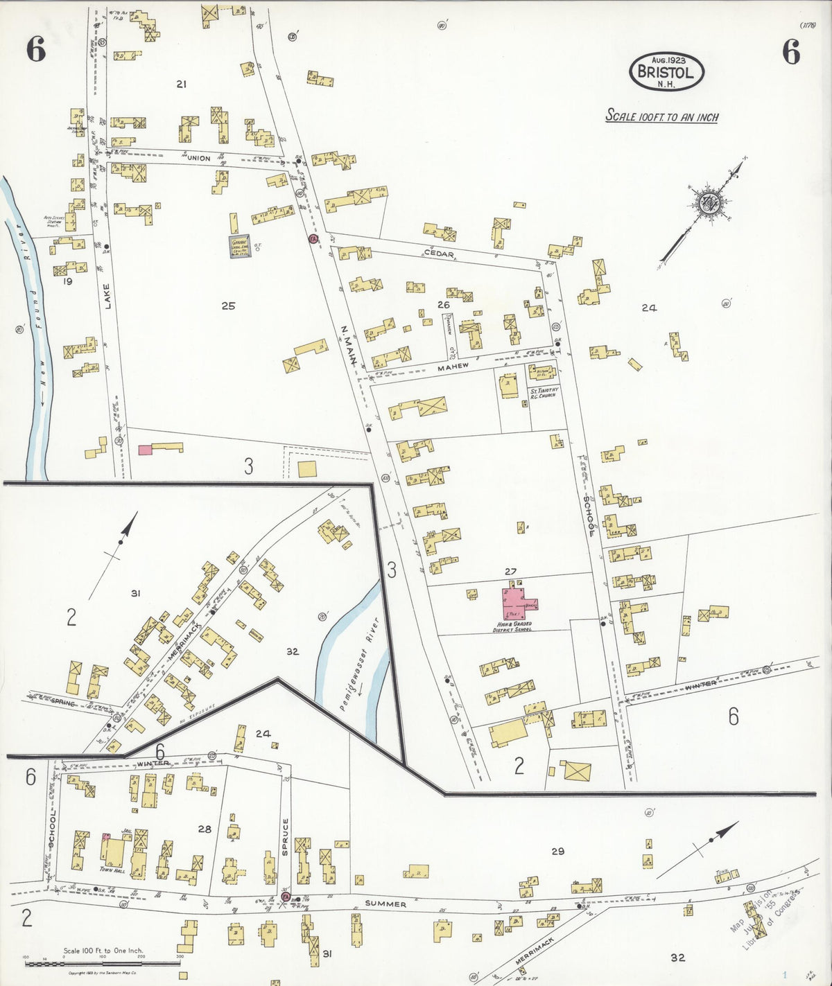 Sanborn Fire Insurance Map from Bristol, Grafton County, New Hampshire (1923), Sheet #0006 - Historic Sanborn Fire Insurance Map Print, vintage old map wall art, antique decor, genealogy gift, New Hampshire New Hampshire map