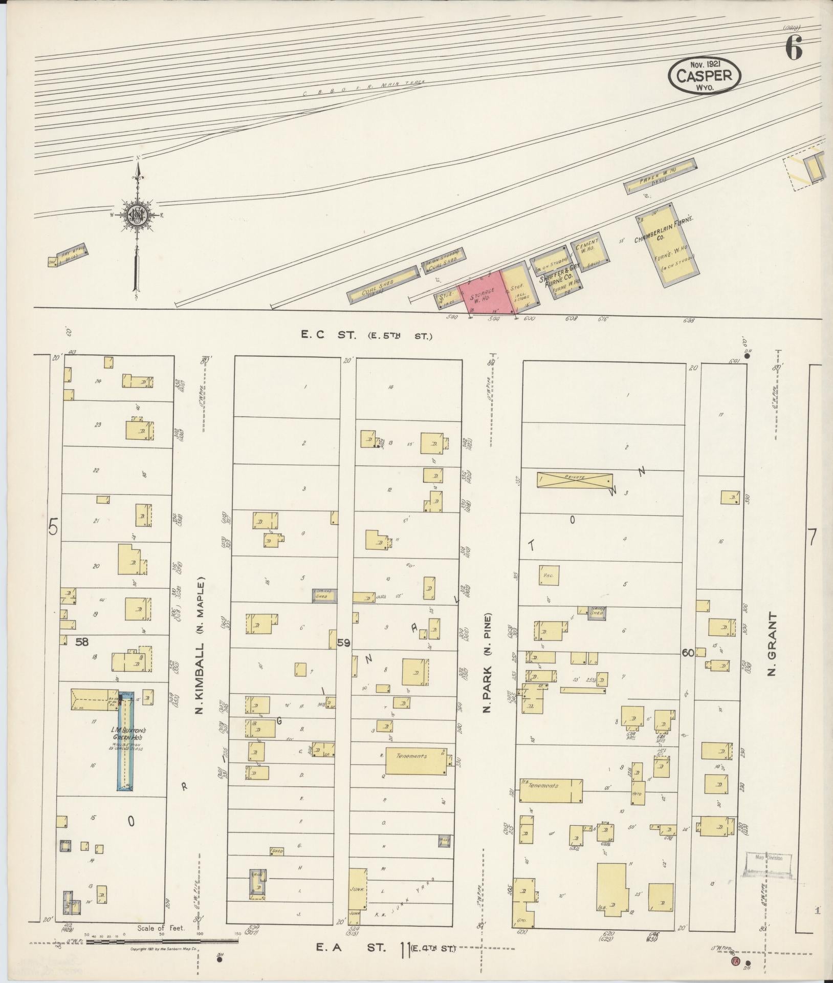 Sanborn Fire Insurance Map from Casper, Natrona County, Wyoming (1921), Sheet #0007 - Complete Map Set gallery image, historic Sanborn map, vintage wall art, Wyoming Wyoming