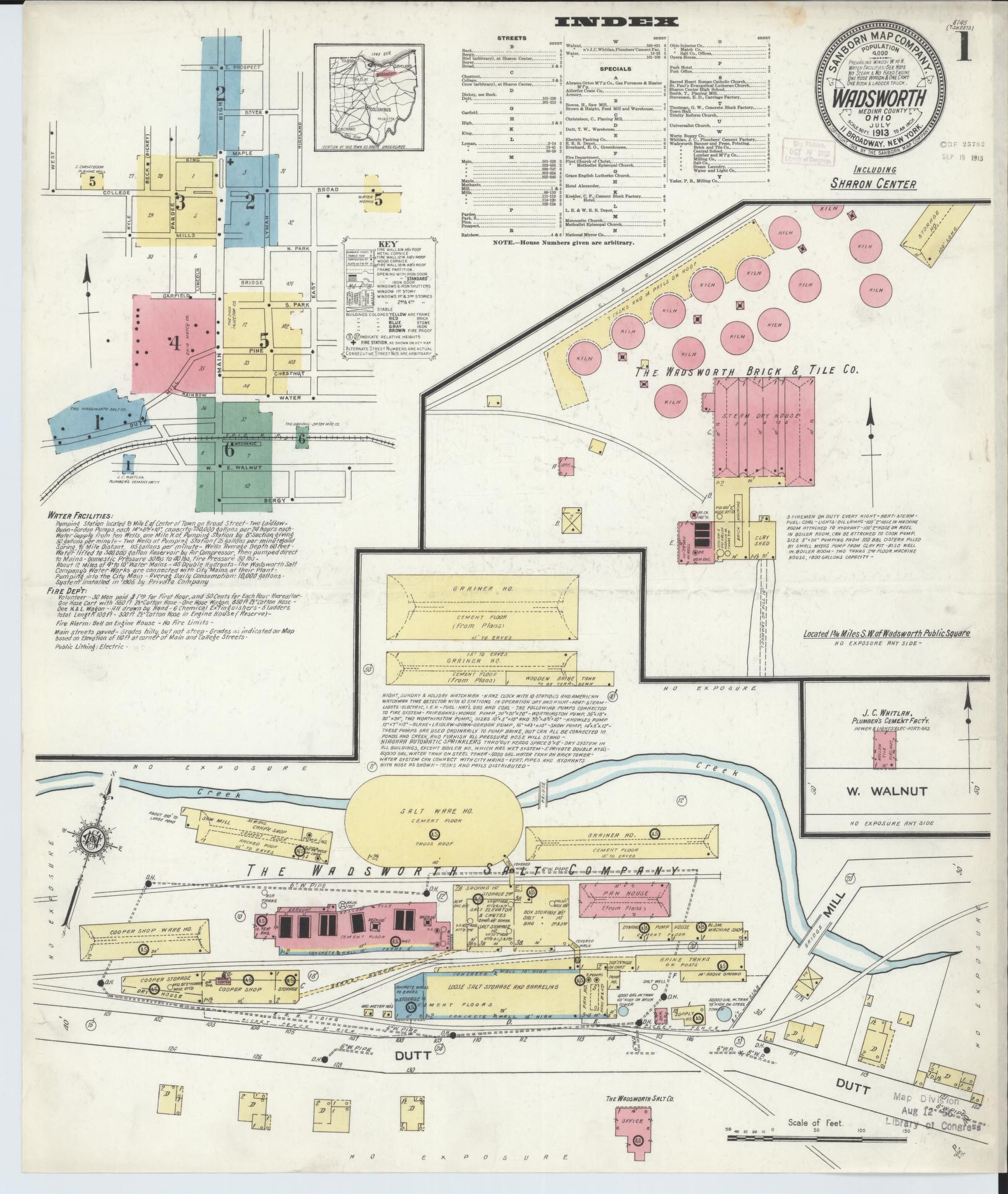 Sanborn Fire Insurance Map from Wadsworth, Medina County, Ohio (1913), Sheet #0001 - Historic Sanborn Fire Insurance Map Print, vintage old map wall art, antique decor, genealogy gift, Ohio Ohio map