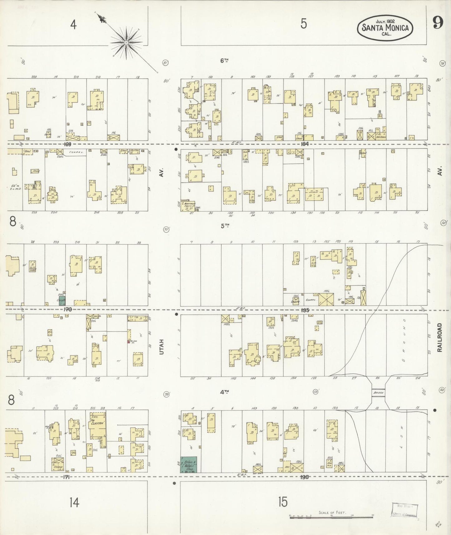Sanborn Fire Insurance Map from Santa Monica, Los Angeles County, California (1902), Sheet #0009 - Complete Map Set gallery image, historic Sanborn map, vintage wall art, California California