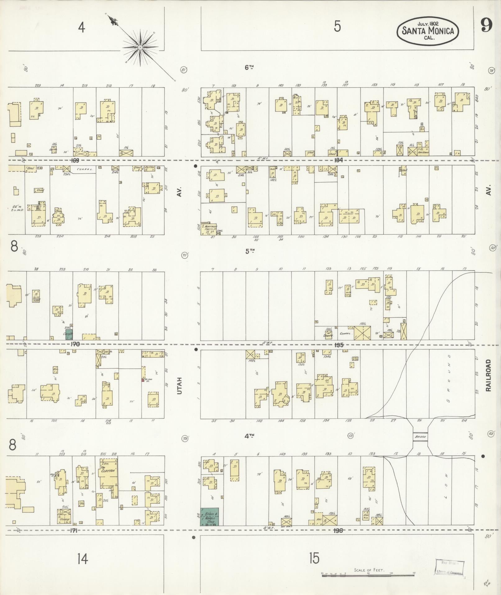 Sanborn Fire Insurance Map from Santa Monica, Los Angeles County, California (1902), Sheet #0009 - Complete Map Set gallery image, historic Sanborn map, vintage wall art, California California