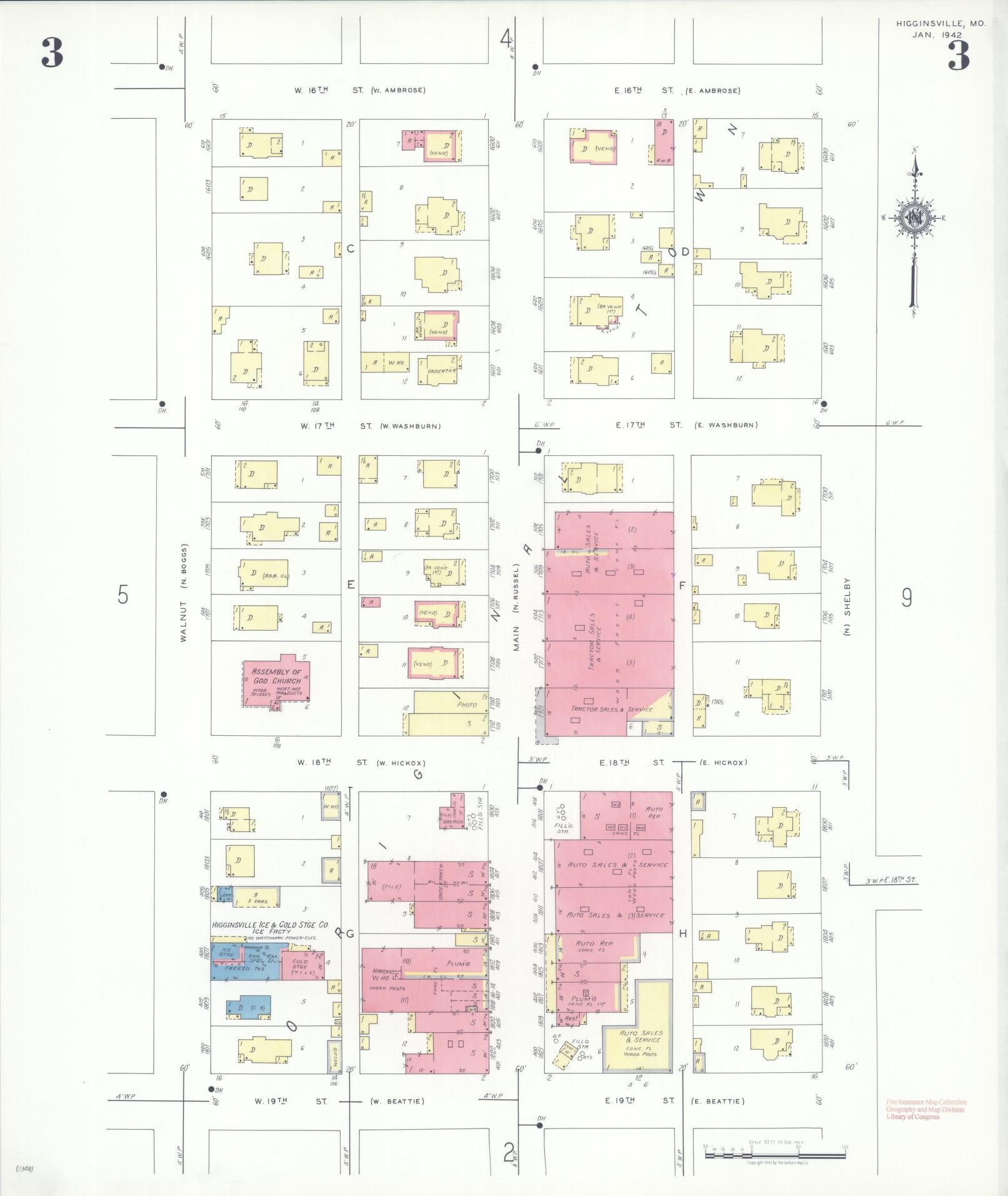 Sanborn Fire Insurance Map from Higginsville, Lafayette County, Missouri (1942), Sheet #0003 - Complete Map Set gallery image, historic Sanborn map, vintage wall art, Missouri Missouri