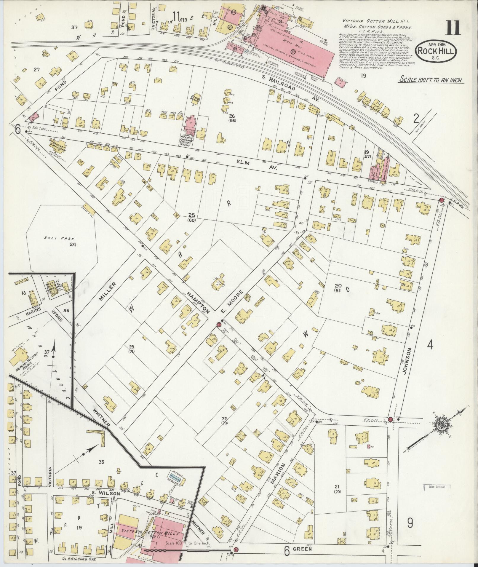 Sanborn Fire Insurance Map from Rock Hill, York County, South Carolina (1916), Sheet #0011 - Historic Sanborn Fire Insurance Map Print, vintage old map wall art, antique decor, genealogy gift, South Carolina South Carolina map