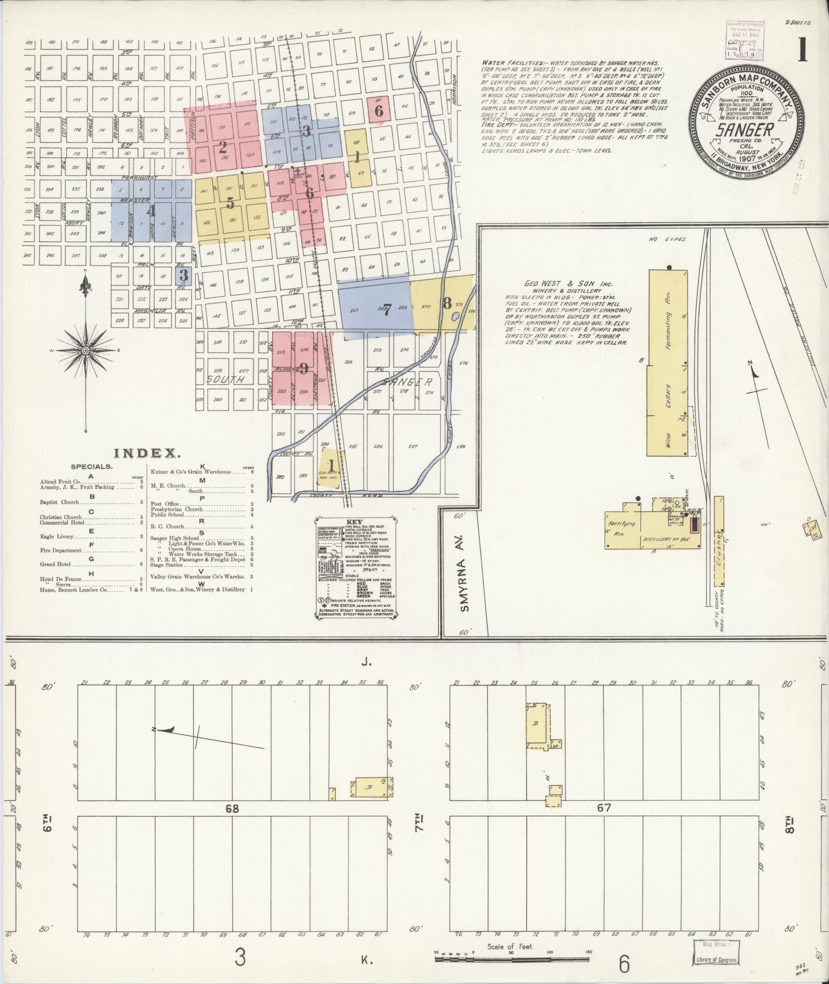 Sanborn Fire Insurance Map from Sanger, Fresno County, California (1907), Sheet #0001 - Complete Map Set gallery image, historic Sanborn map, vintage wall art, California California