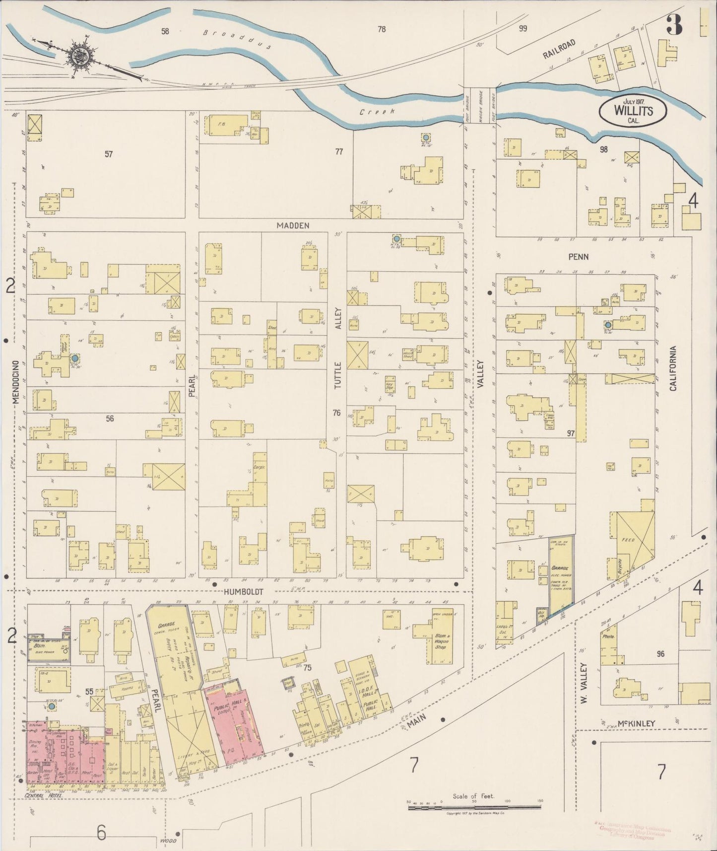 Sanborn Fire Insurance Map from Willits, Mendocino County, California (1917), Sheet #0003 - Complete Map Set gallery image, historic Sanborn map, vintage wall art, California California
