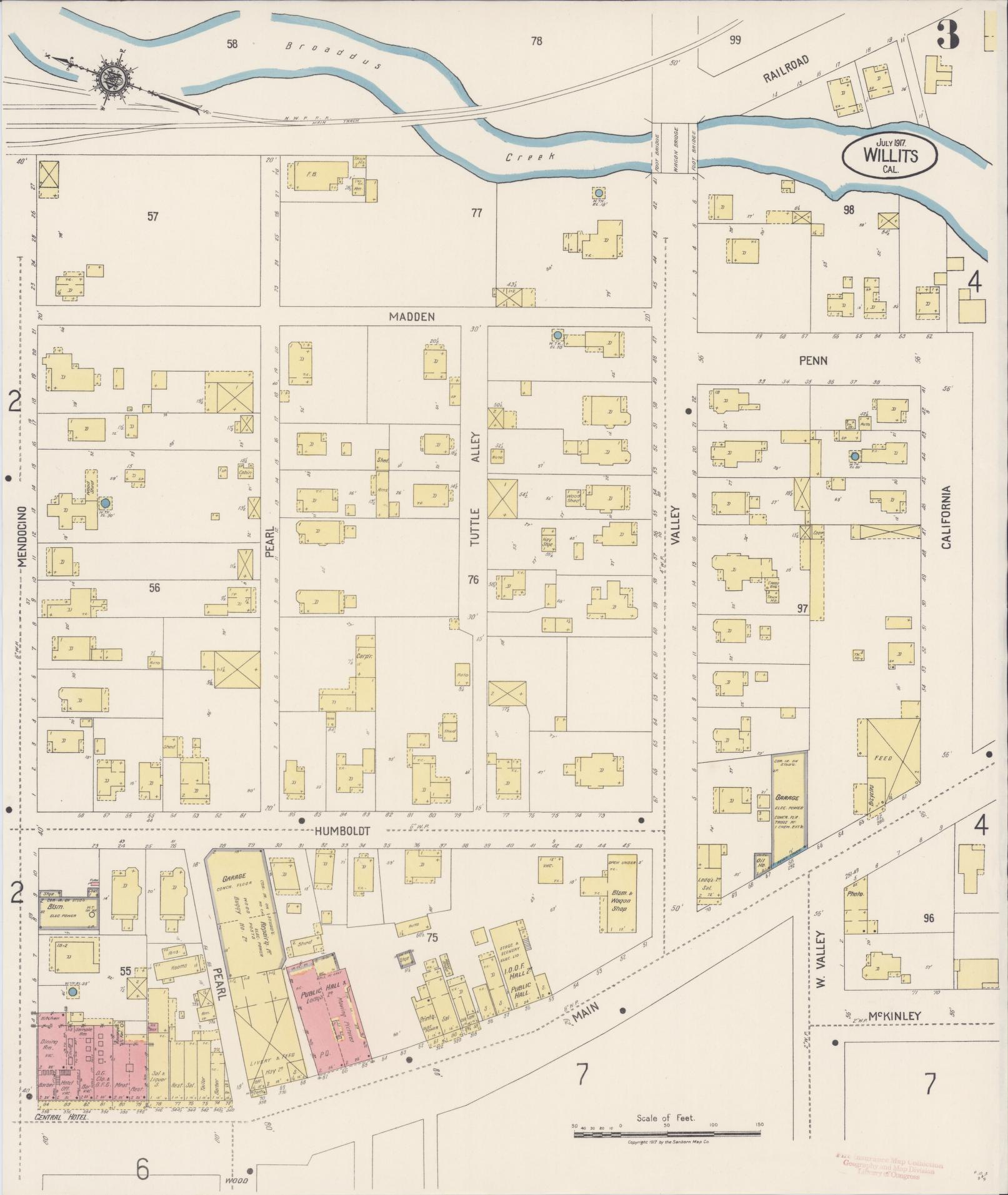 Sanborn Fire Insurance Map from Willits, Mendocino County, California (1917), Sheet #0003 - Complete Map Set gallery image, historic Sanborn map, vintage wall art, California California