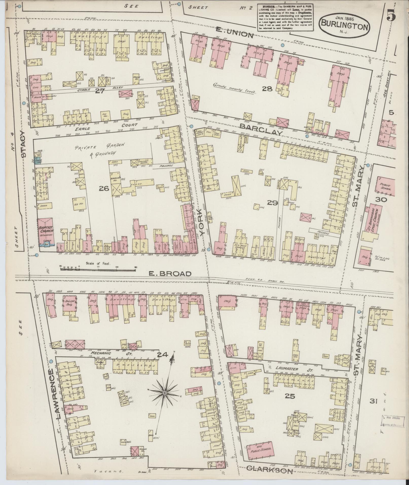 Sanborn Fire Insurance Map from Burlington, Burlington County, New Jersey (1885), Sheet #0005 - Historic Sanborn Fire Insurance Map Print, vintage old map wall art, antique decor, genealogy gift, New Jersey New Jersey map