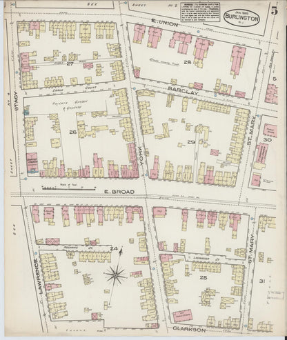 Sanborn Fire Insurance Map from Burlington, Burlington County, New Jersey (1885), Sheet #0005 - Historic Sanborn Fire Insurance Map Print, vintage old map wall art, antique decor, genealogy gift, New Jersey New Jersey map