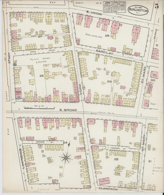 Sanborn Fire Insurance Map from Burlington, Burlington County, New Jersey (1885), Sheet #0005 - Historic Sanborn Fire Insurance Map Print, vintage old map wall art, antique decor, genealogy gift, New Jersey New Jersey map