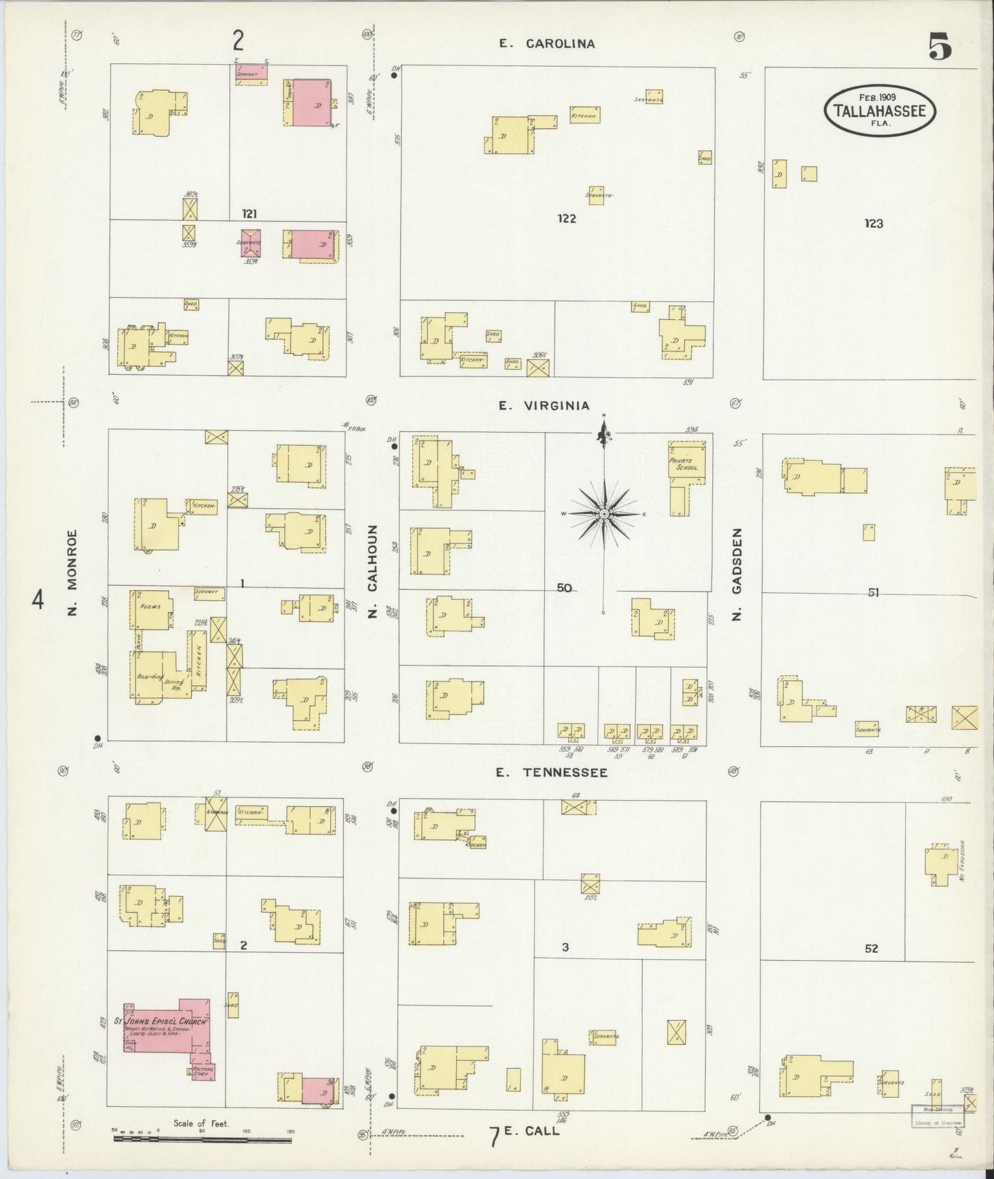 Sanborn Fire Insurance Map from Tallahassee, Leon County, Florida (1909), Sheet #0005 - Complete Map Set gallery image, historic Sanborn map, vintage wall art, Florida Florida