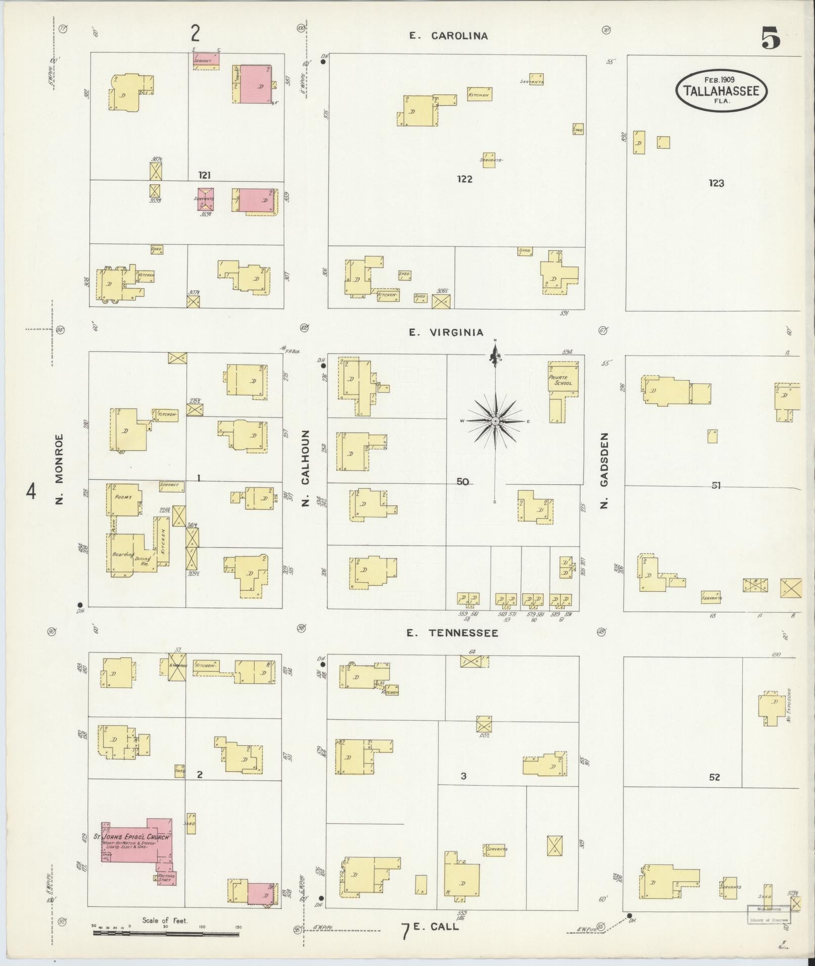 Sanborn Fire Insurance Map from Tallahassee, Leon County, Florida (1909), Sheet #0005 - Complete Map Set gallery image, historic Sanborn map, vintage wall art, Florida Florida