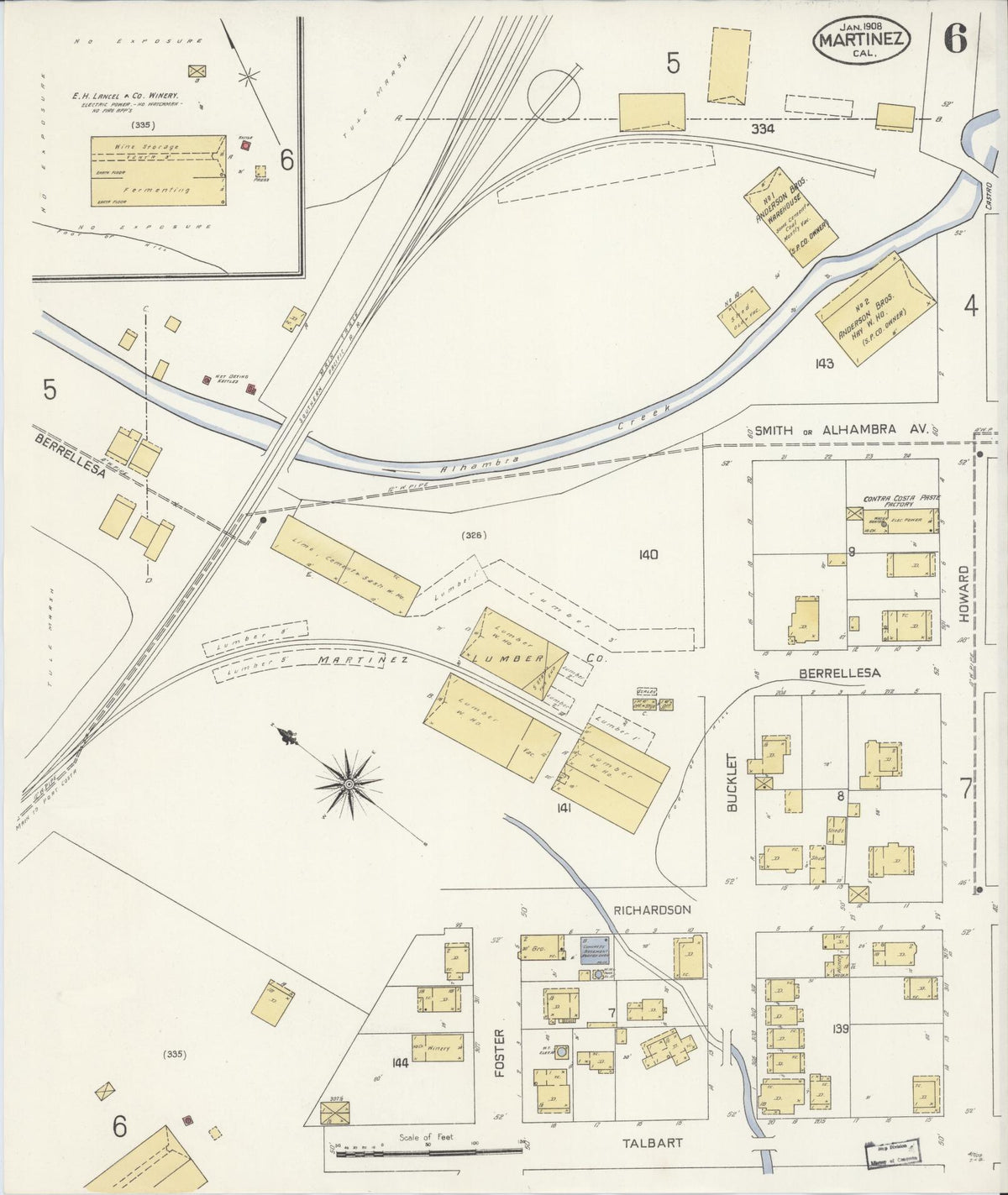 Sanborn Fire Insurance Map from Martinez, Contra Costa County, California (1908), Sheet #0006 - Complete Map Set gallery image, historic Sanborn map, vintage wall art, California California