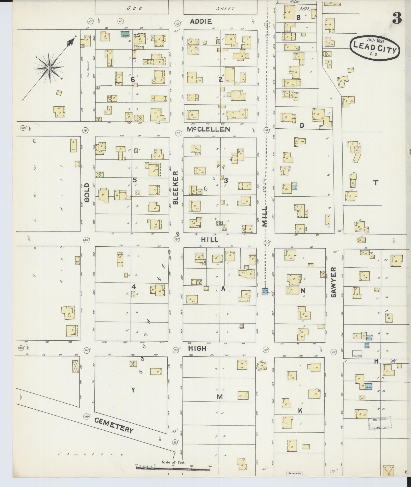 Sanborn Fire Insurance Map from Lead, Lawrence County, South Dakota (1891), Sheet #0003 - Historic Sanborn Fire Insurance Map Print, vintage old map wall art, antique decor, genealogy gift, South Dakota South Dakota map